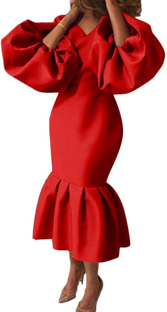 AOMEI Women's V Neck Long Puff Sleeve Bodycon Mermaid Hem Long Dress