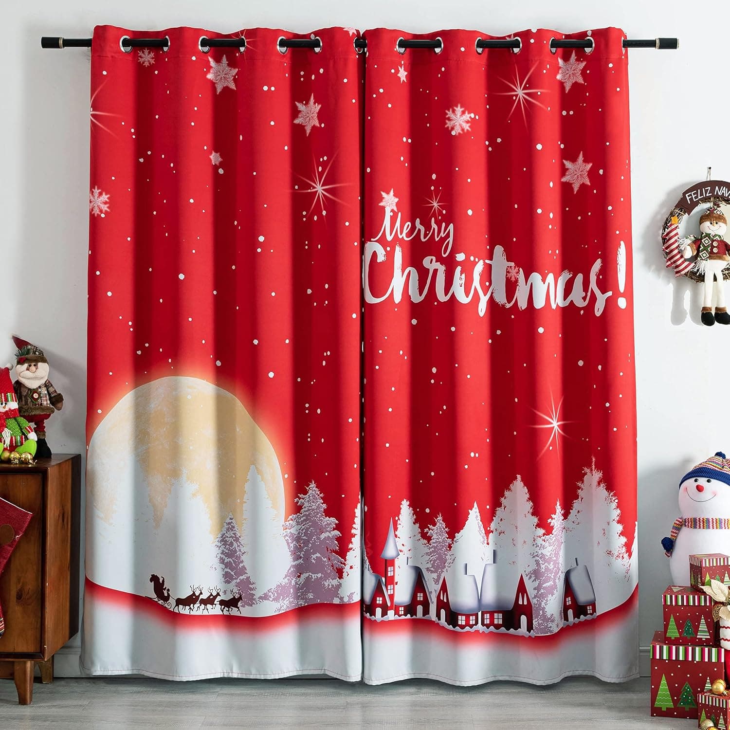 Awmneow Blackout Christmas Curtains for Living Room-Snowflakes and Christmas Moon Design Xmas Curtain 84 Inches Long， Thermal Insulated Holiday Red Window Drapes Panel（2 Panel, 52 x 84 Inch）