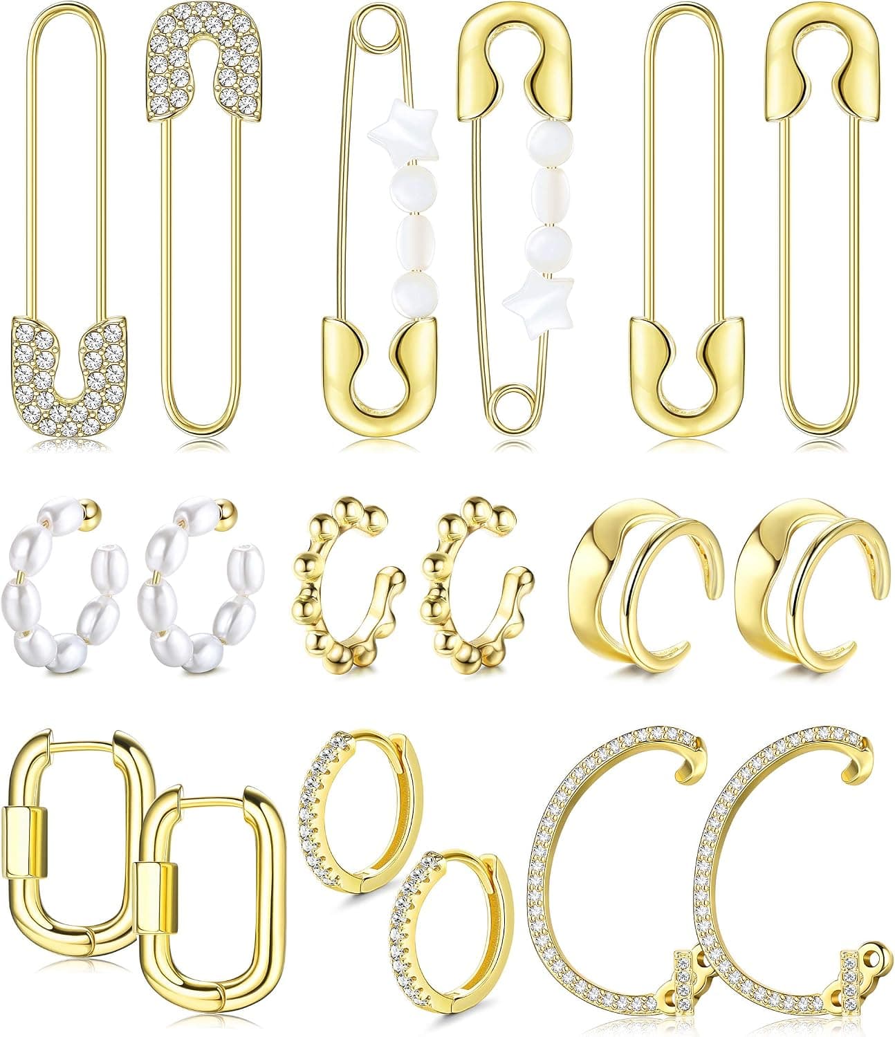 JOERICA 9 Pairs 14k Gold Plated Chunky Hoop Earrings for Women Cartilage Ear Cuff Helix Earrings Cubic Zirconia Paper Clip CZ Safety Pin Earrings Set
