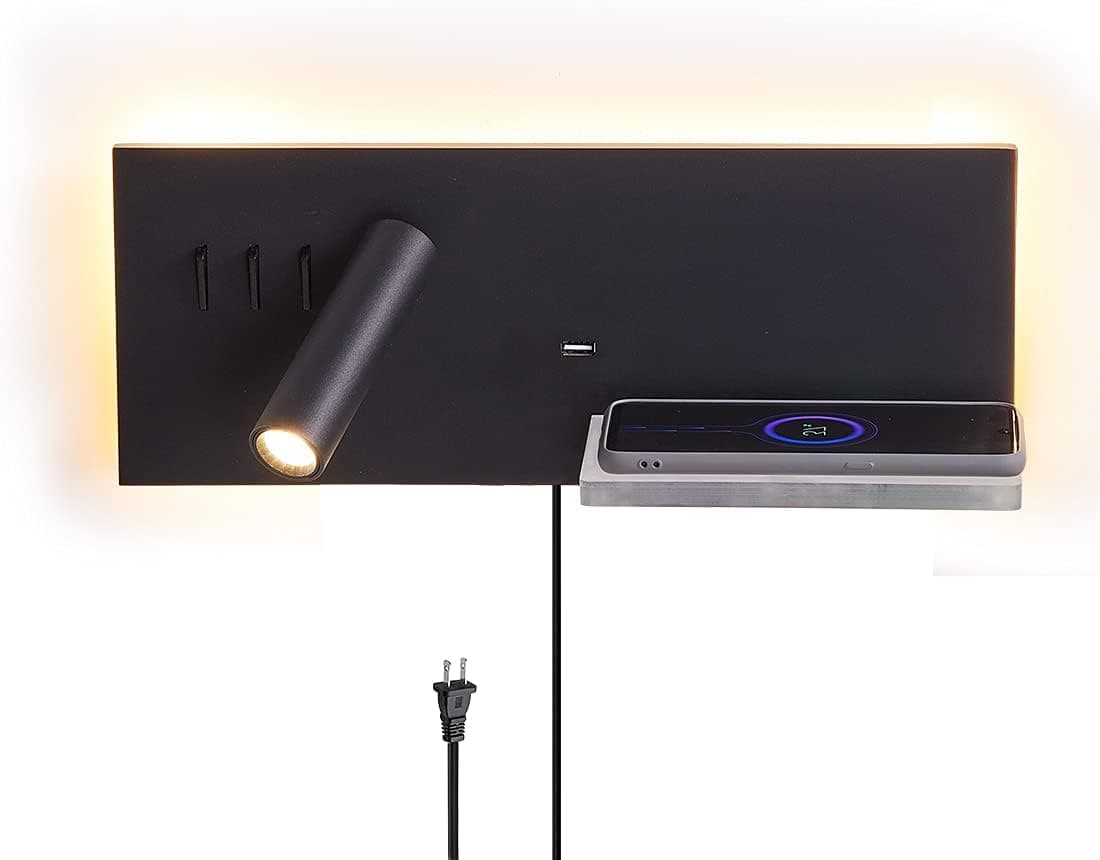 LED Wall Light Plug in Cord for Bedroom Wall Lamp with USB Port & Wireless Charging Bedside Reading Light 3W +Night Light 9W (Left)