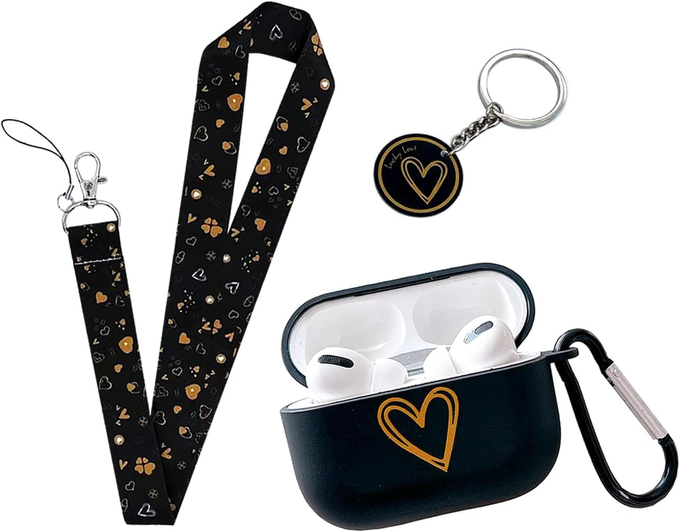 HZDYDYP Exquisite Cute Romantic Gold Heart Design Elements Soft TPU Airpods Pro Case，with Lucky Heart-Shaped Lanyard Keychain，Suitable Fashion Women Girl Airpods Pro Case- Black