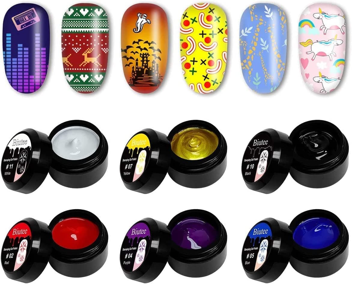 Biutee Nail Stamping Polish Gel Pack of 8 Colors Nail Stamp Polish Paint Nail Painting Gel Solid Cream Nail Art Gel with Nail Brush UV Led Gel Polish Printed Nail Polish Gel for Nail Stamping Plate