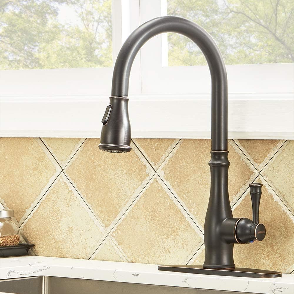 Kitchen Faucet,Kitchen Sink Faucet, Oil Rubbed Bronze Pull Down Stainless Steel Farmhouse Faucet,Best Antique Single Handle High Arc Faucet,Pull Out Sprayer Black Faucets with Deck Plate(1 or 3 Hole)