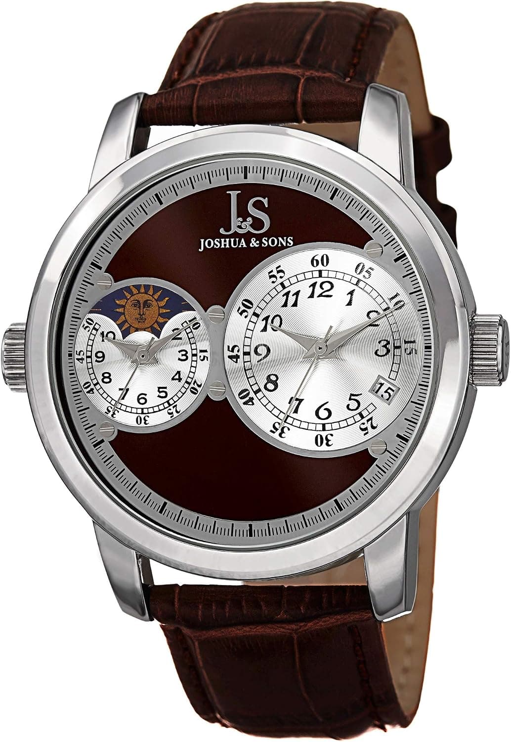 J&S JOSHUA & SONS Men's Dual Time Zone Watch - Guilloche Sunray Dial On Leather Alligator-Embossed Leather- JS87