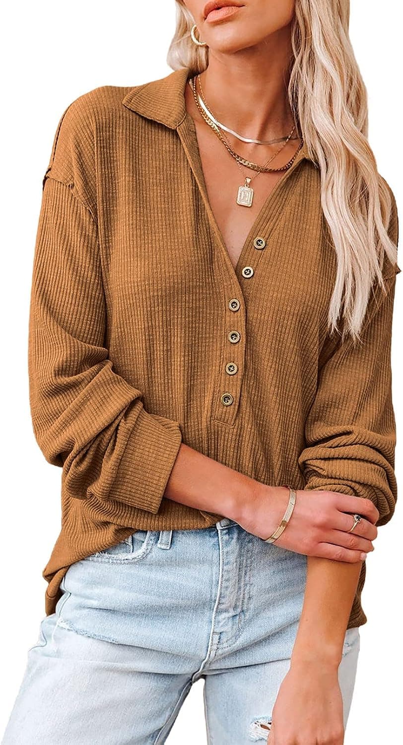 Sidefeel Womens Ribbed Knit Long Sleeve Henley Tunic Tops Loose Solid Color Quarter Button Down Blouse Shirt Brown Small