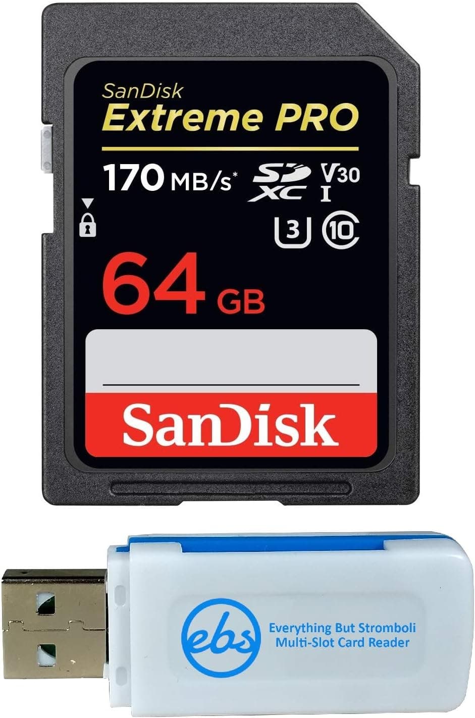 SanDisk 64GB Extreme Pro Memory Card works with Olympus TG-5 Waterproof, E-M10 Mark II, E-M1, STYLUS Tough TG-4, TG-870 Digital DSLR Camera SDXC 4K V30 UHS-I with Everything But Stromboli Combo Reader