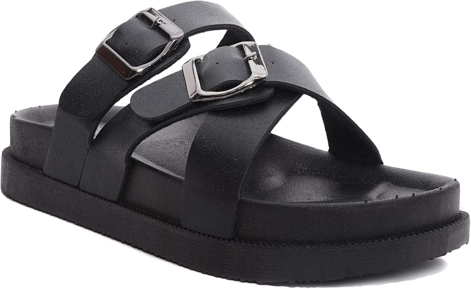 Charles Albert Women's Two Buckle Slide Cross Sandal (9 B(M) US, Black/Black)