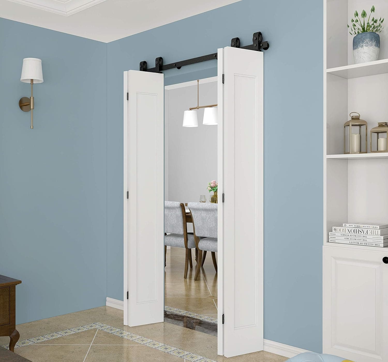 DIYHD 63" Bi-Folding Sliding Barn Door Hardware,1 Piece Black Flat Track Top Mount Roller,Kit for 4 Doors(NO Door)