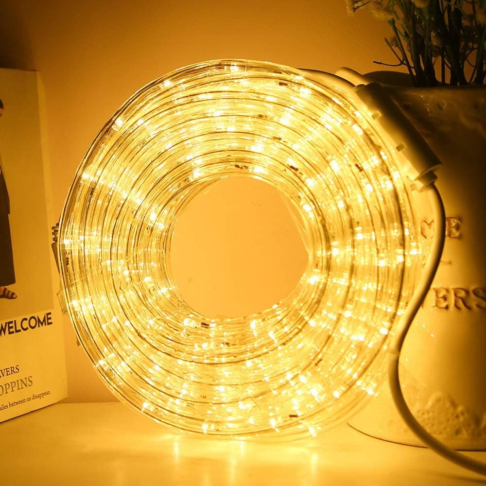 DINGFU 33ft LED Rope Lights,110V 2 Wire Connectable Christmas Rope Lights Outdoor,240 LED Waterproof Indoor Outdoor Warm Rope Lights for Deck, Patio, Pool, Camping, Landscape Lighting (Warm White)