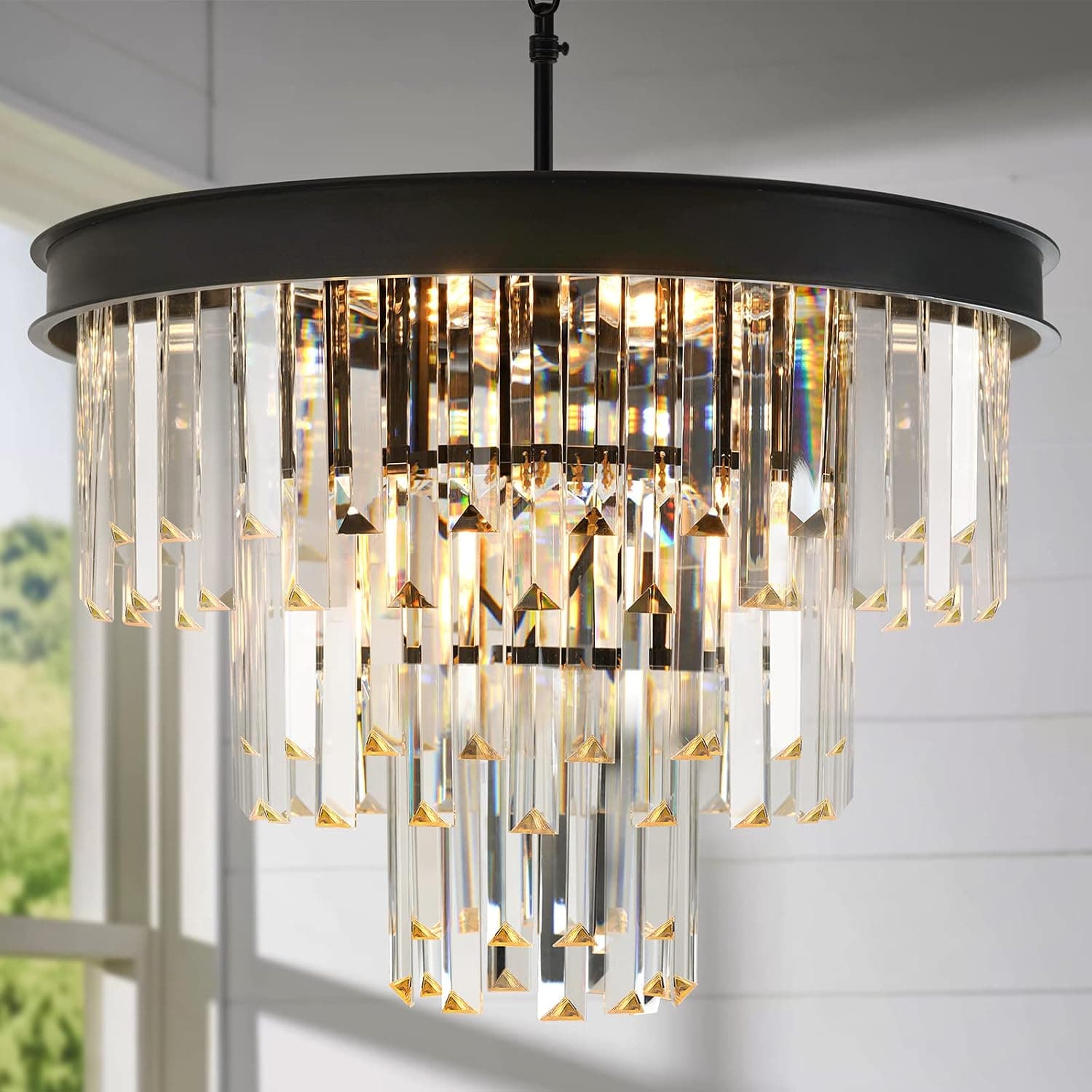 Black Crystal Chandelier, OKELI 9-Light Contemporary High Ceiling Light Fixtures for Dining Room Modern Living Room Chandeliers Hanging Lighting Over Table, Island Kitchen, Foyer, Entryway Décor, 19''
