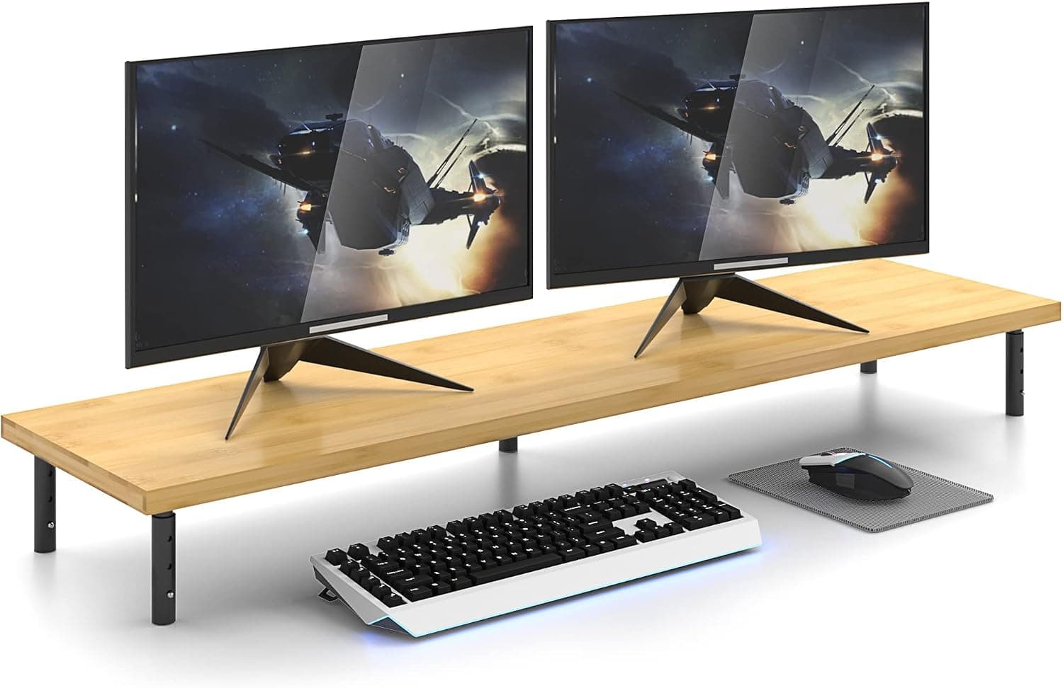 Weenson Dual Monitor Stand for Desk - Bamboo Long Monitor Stand Riser with 3 Height Adjustable Metal Legs for Office and Home Use 41.9 x 10.4 x 4.7 inches