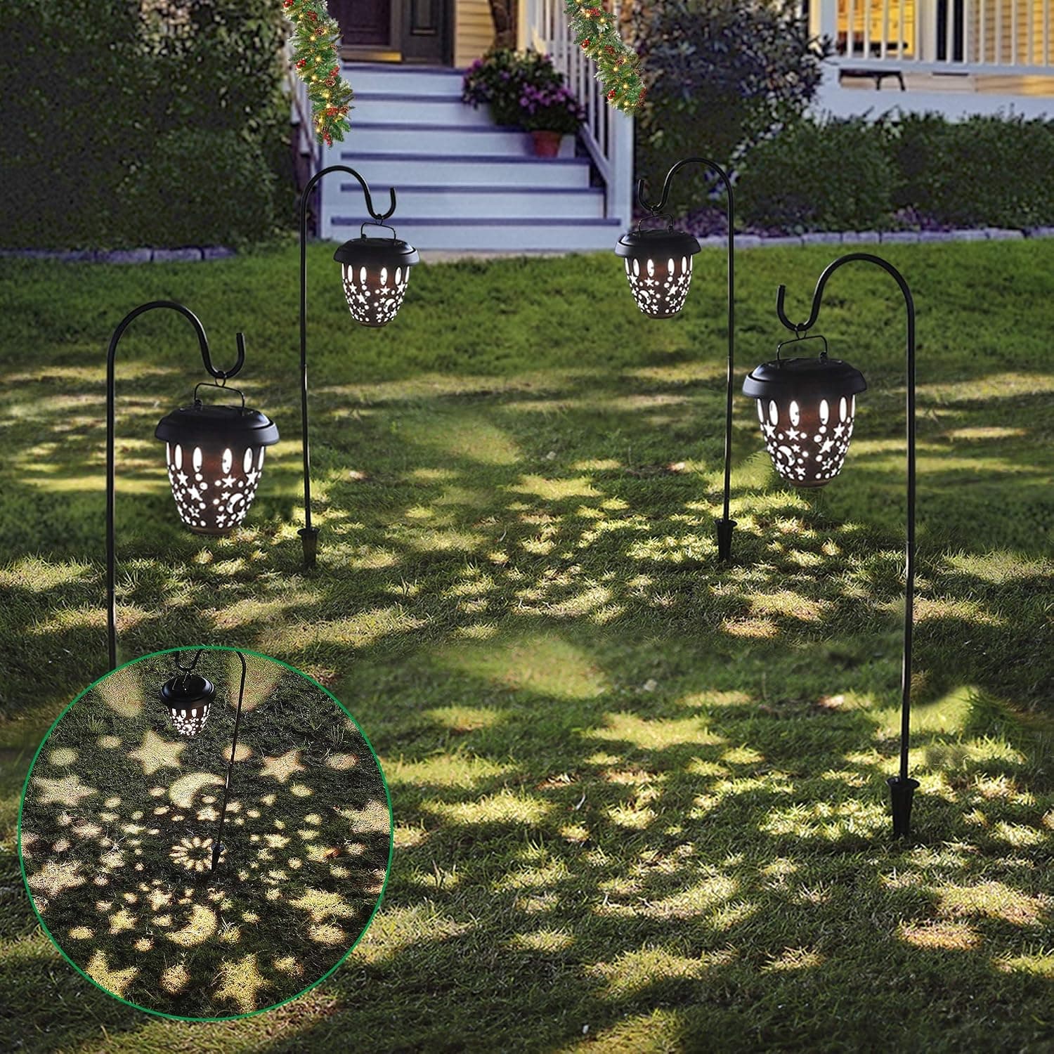MAGGIFT 4 Pack Hanging Solar Lights Dual Use Shepherd Hook Lights with 4 Shepherd Hooks, 26.5 Inch 15 Lumen Beautiful Star &Moon Pattern of Light Christmas Outdoor Solar Coach Lights