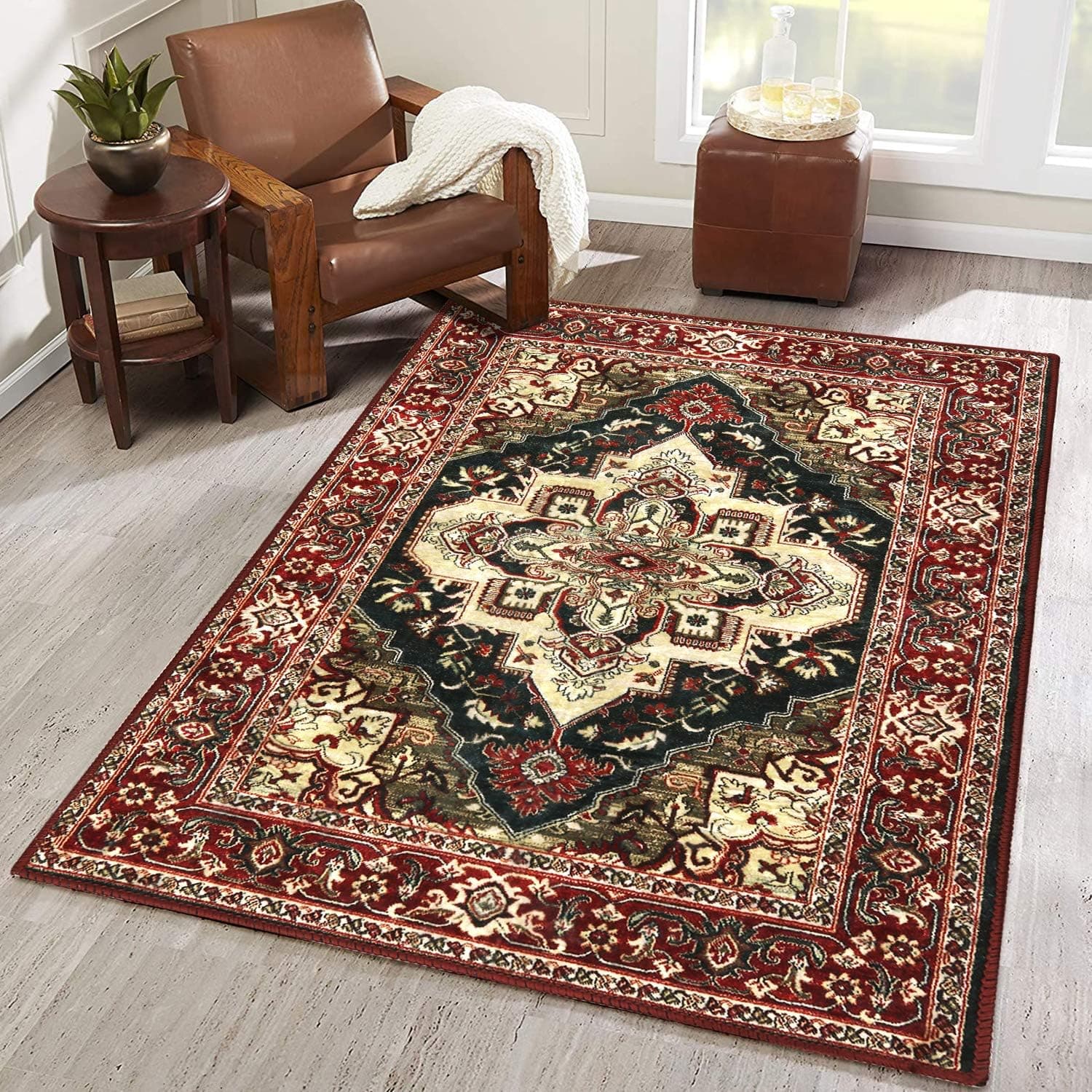 LEEVAN Traditional Area Rug 3' x 5' Rectangle Throw Runner Rugs Faux Wool Non-Slip Backing Accent Distressed Floor Carpet for Sofa Living Room Bedroom Modern Laundry Room Decor