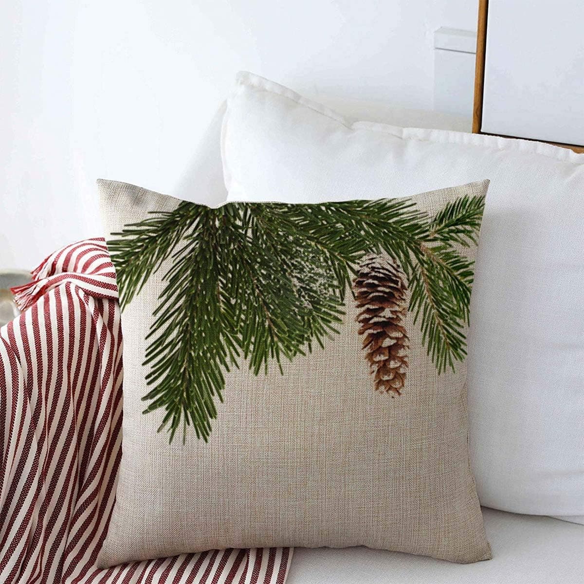 Starodal Decorative Linen Throw Pillow Covers Closeup Green Pine Evergreen Fir Tree Branch On White Nature Christmas Bough Snow Sprig Plant Day Up 20" x 20" Square Cushion Case for Home Decor