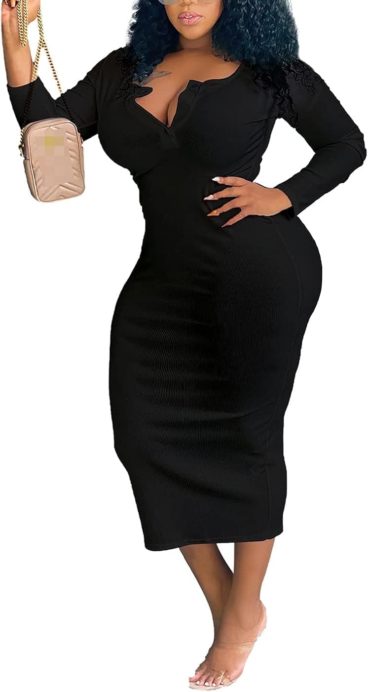Ophestin Womens Plus Size Solid V Neck Long Sleeve Ribbed Bodycon Midi Dress