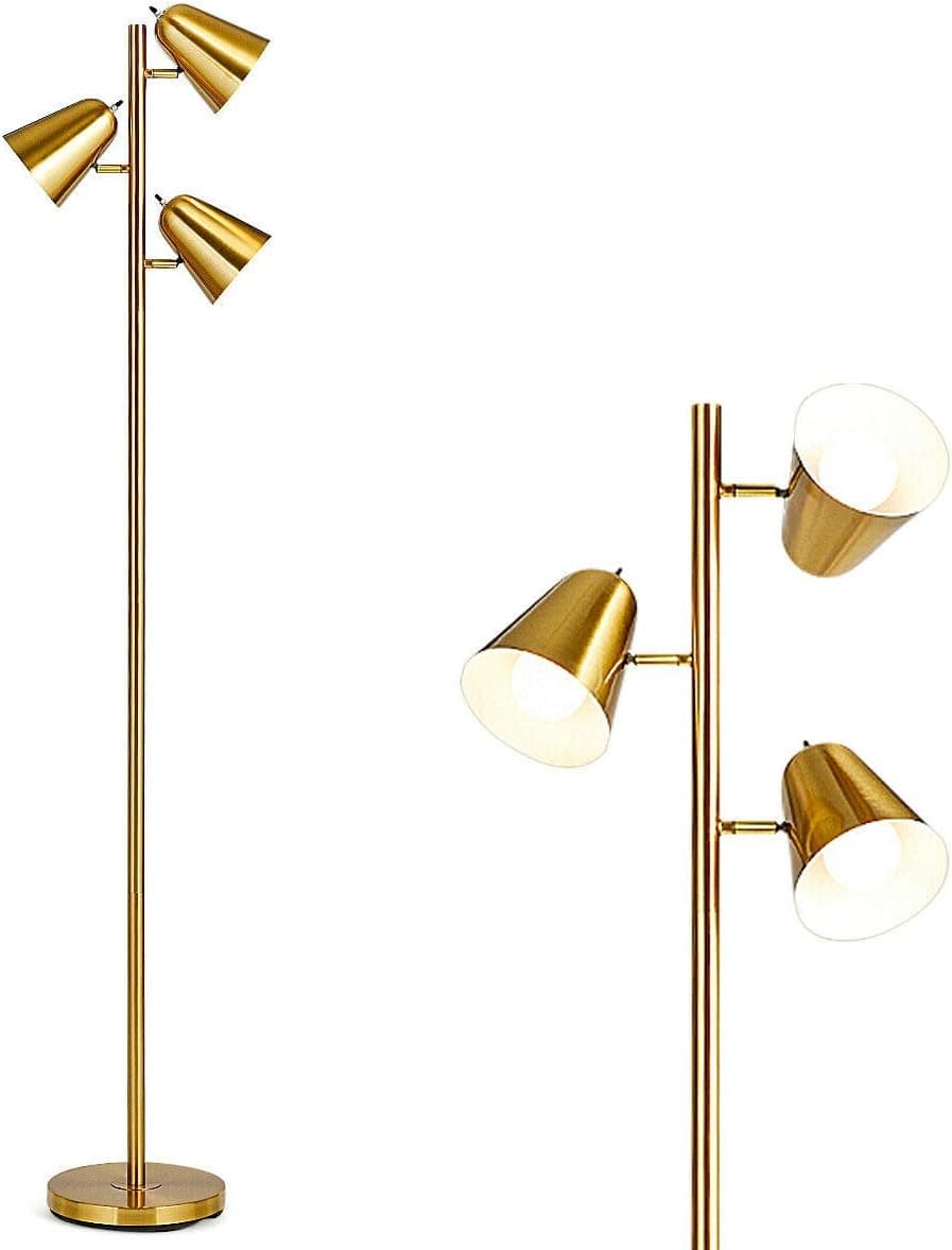 Tangkula 3-Light Floor Lamp, 64” Mid Century Modern 3 Light Tree, Standing Tall Pole Lamp with 3 LED Bulbs and Adjustable Heads, Reading Light for Living Room & Bedroom, 360 Lighting (Antique Brass)