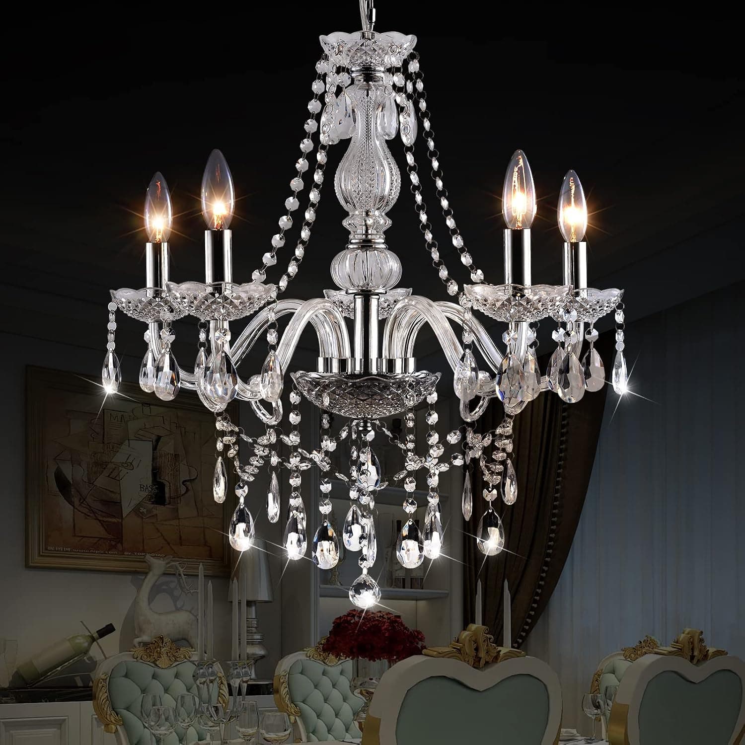 HimmLig Raindrop Crystals Chandelier Modern K9 Crystal Small Glass Lamp Light Fixture Flush Mount Ceiling 5-Light for Kitchen Island Bathroom Bedroom Living Room