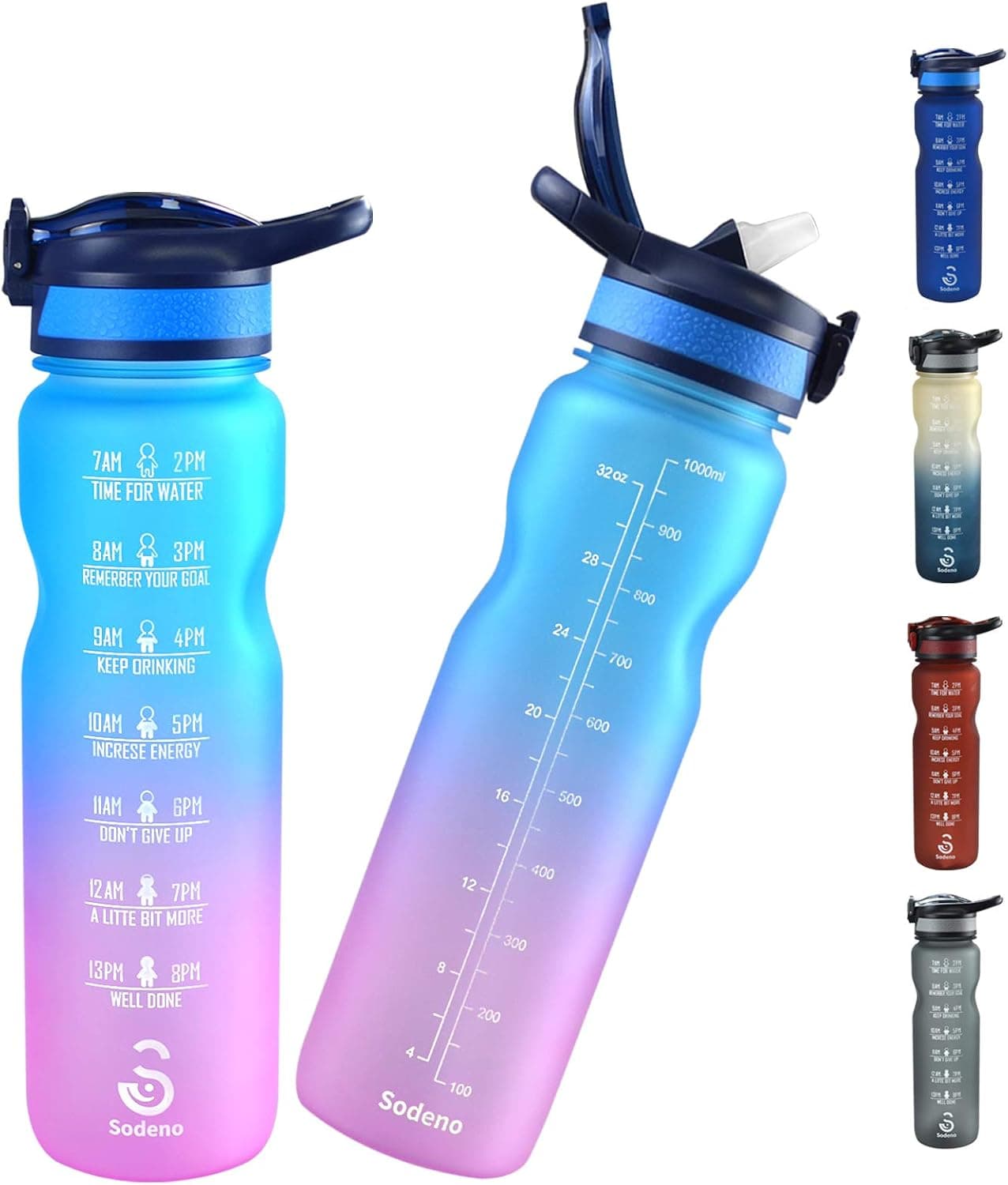 Sodeno Leakproof Drinking Water Bottle with Straw&Time Marker, 32oz Motivational Fitness Sports Water Bottle BPA Free Non-Toxic for Men Women Adults Gym Indoor and Outdoor Sports(Blue/Purple Gradient)