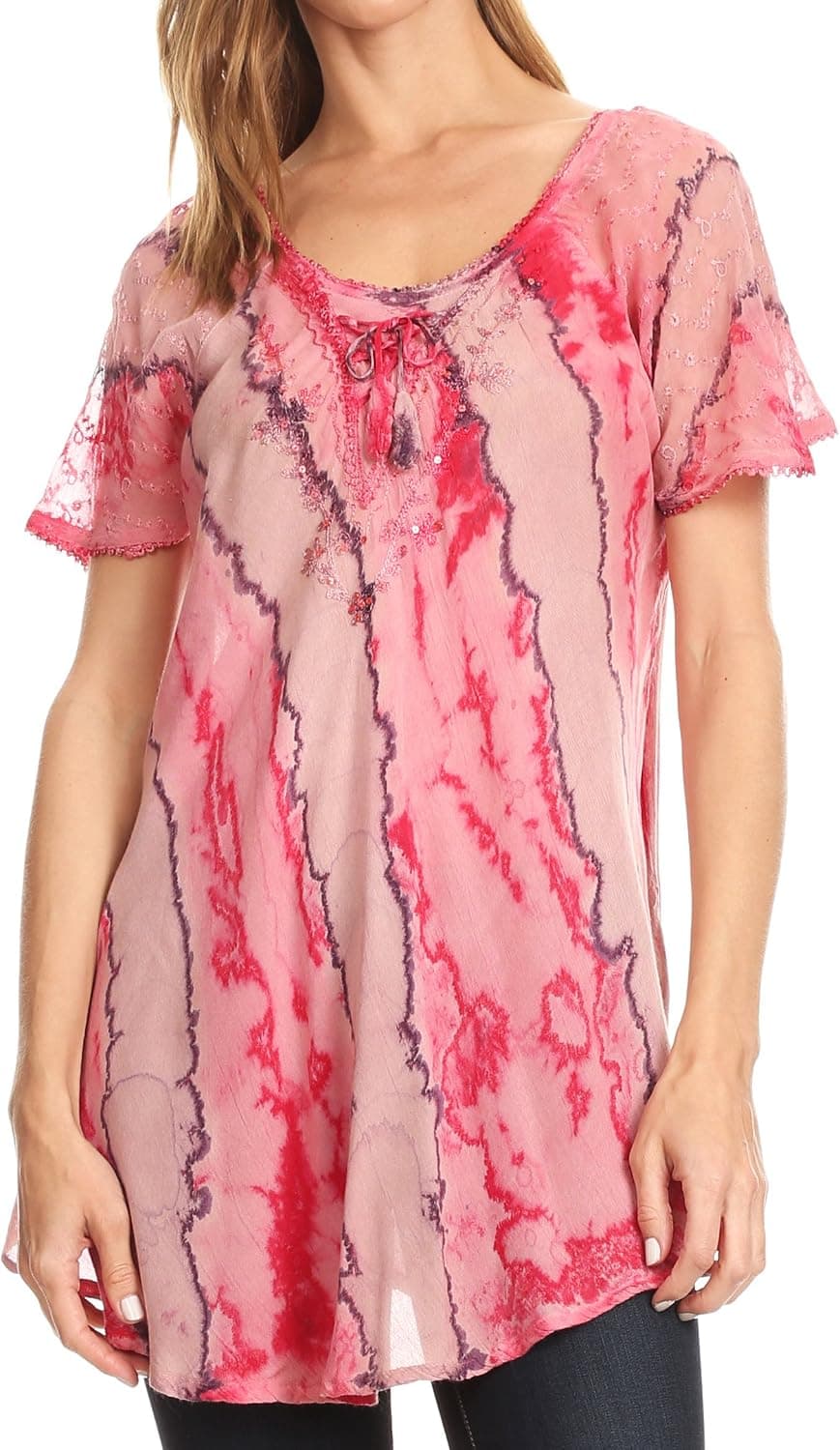Sakkas Valencia Tie Dye Sheer Cap Sleeve Embellished Drawstring Scoop Neck Top