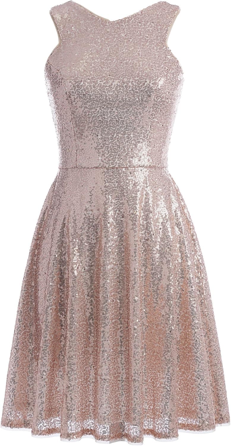 Womens Sequin V-Neck Sleeveless Bodycon Cocktail Club Dress, 4, Rose Gold