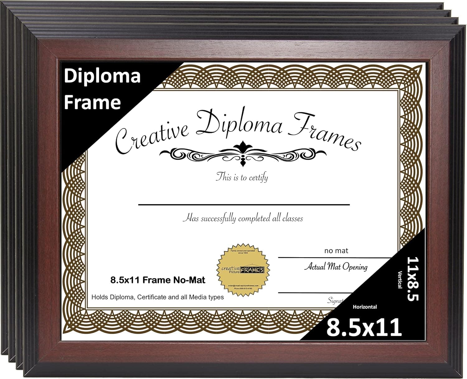 CreativePF [8.5x11mh] Mahogany Diploma Frames, Holds 8.5 by 11-inch Graduation Documents w/Stand and Wall Hanger (4-Pack)