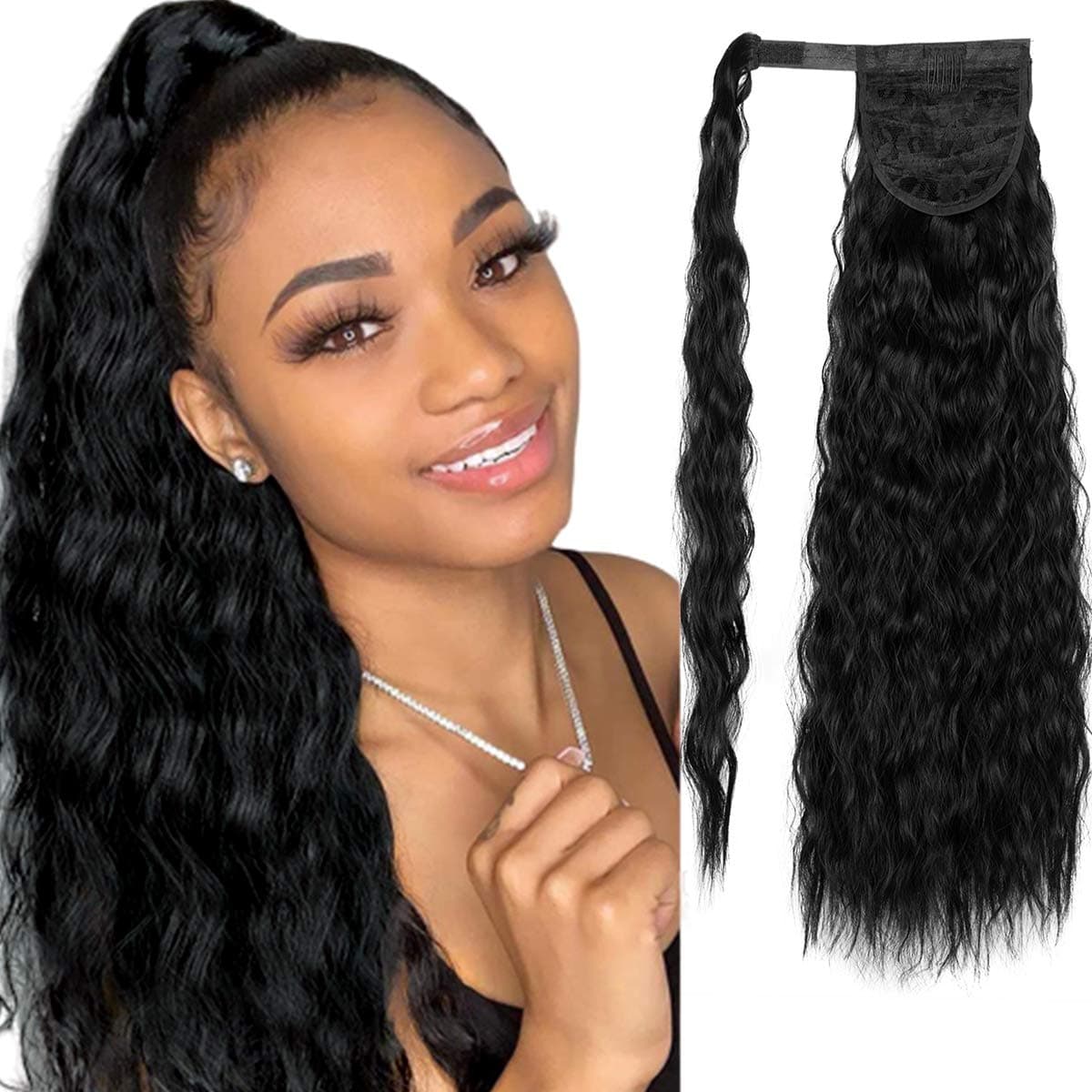 SLLIE 22" Kinky Curly Wrap Around Yaki Ponytail Extension Long Wavy Synthetic Hair Extensions Clip in Ponytail Dark Black Hairpiece for Women