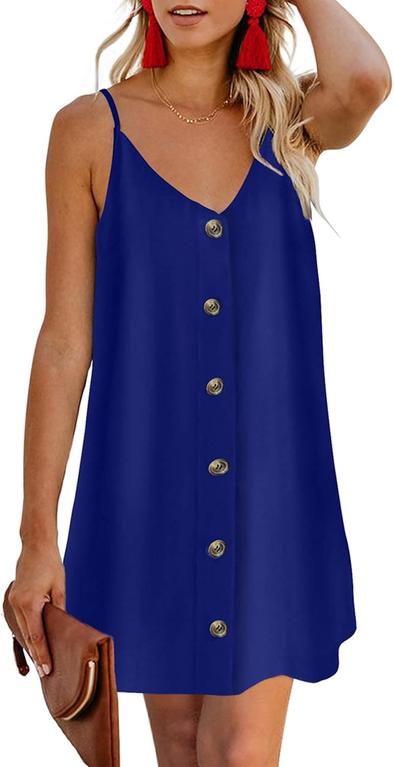 CILKOO Summer Sleeveless Dress for Women Spaghetti Straps Button Down V Neck A Line Swing Skater Short Mini Dresses Blue US12-14 Large