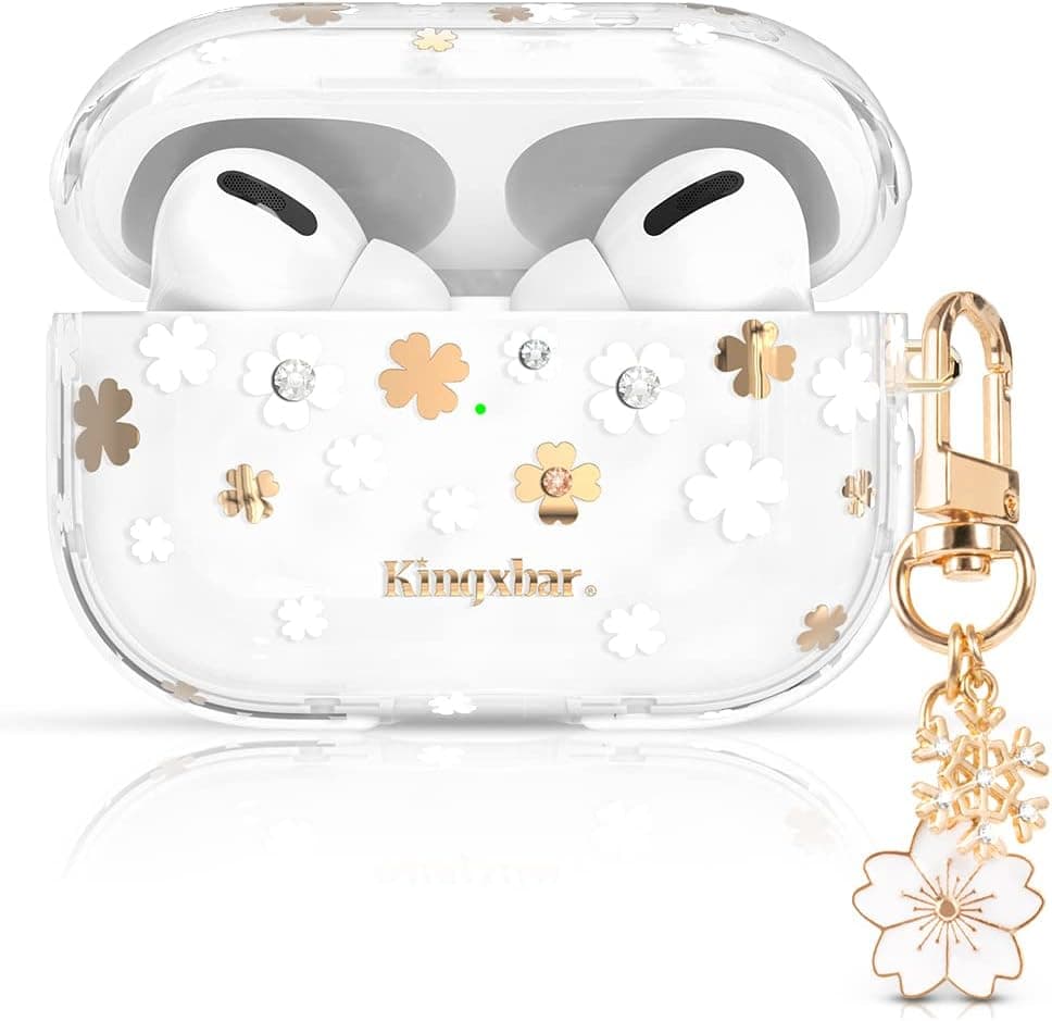 KINGXBAR UV Sensor Floral AirPods Pro Case Cover Shockproof TPU Frame Crystal from Austria Bling Protective Skin Cover with Keychain for Apple AirPods Pro Charging Case Flowers Design for Girls Women