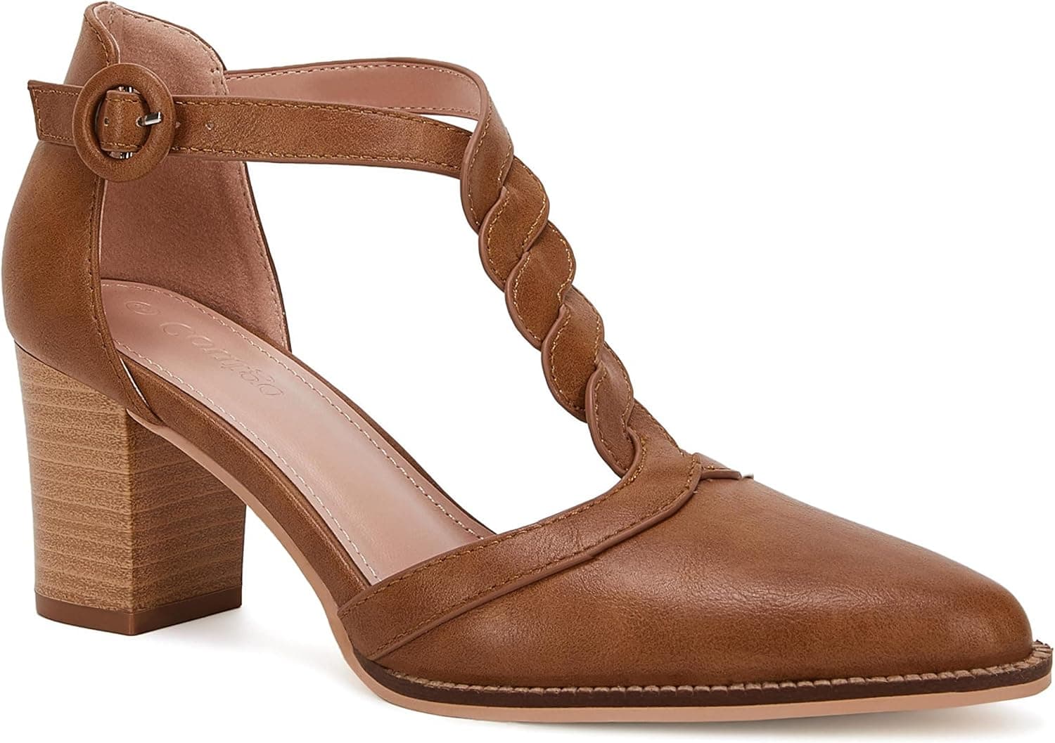 Womens Block Chunky Heels T Strap Dress Shoes Closed Toe Braided Stacked Heeled Sandals Pumps
