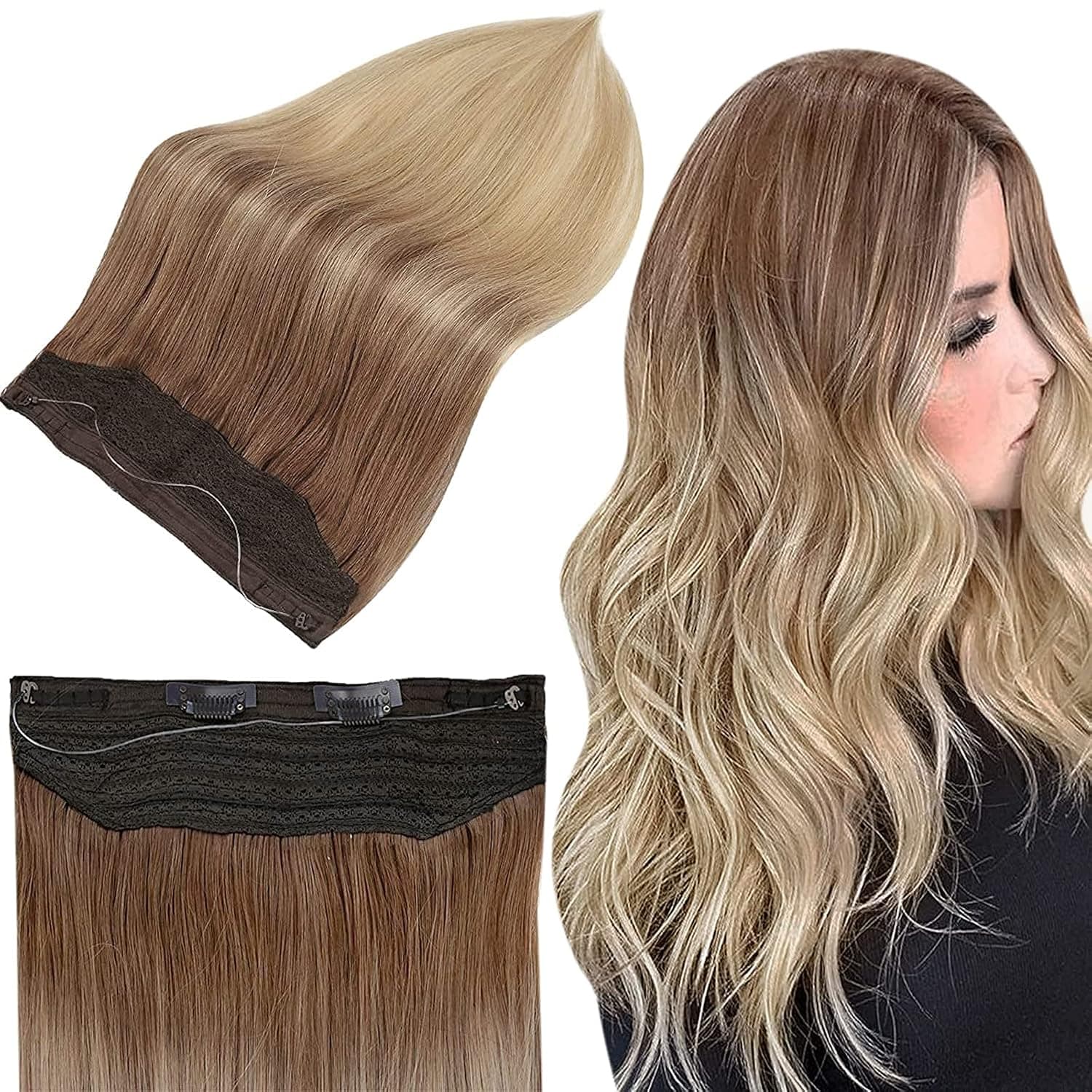 Full Shine Secret Fish Wire Extensions Human Hair 20Inch Seamless Secret Hair Extensions Balayage 10 Golden Brown Balayage 14 Golden Blonde Invisible Wire Clips in Human Hair 90 Grams