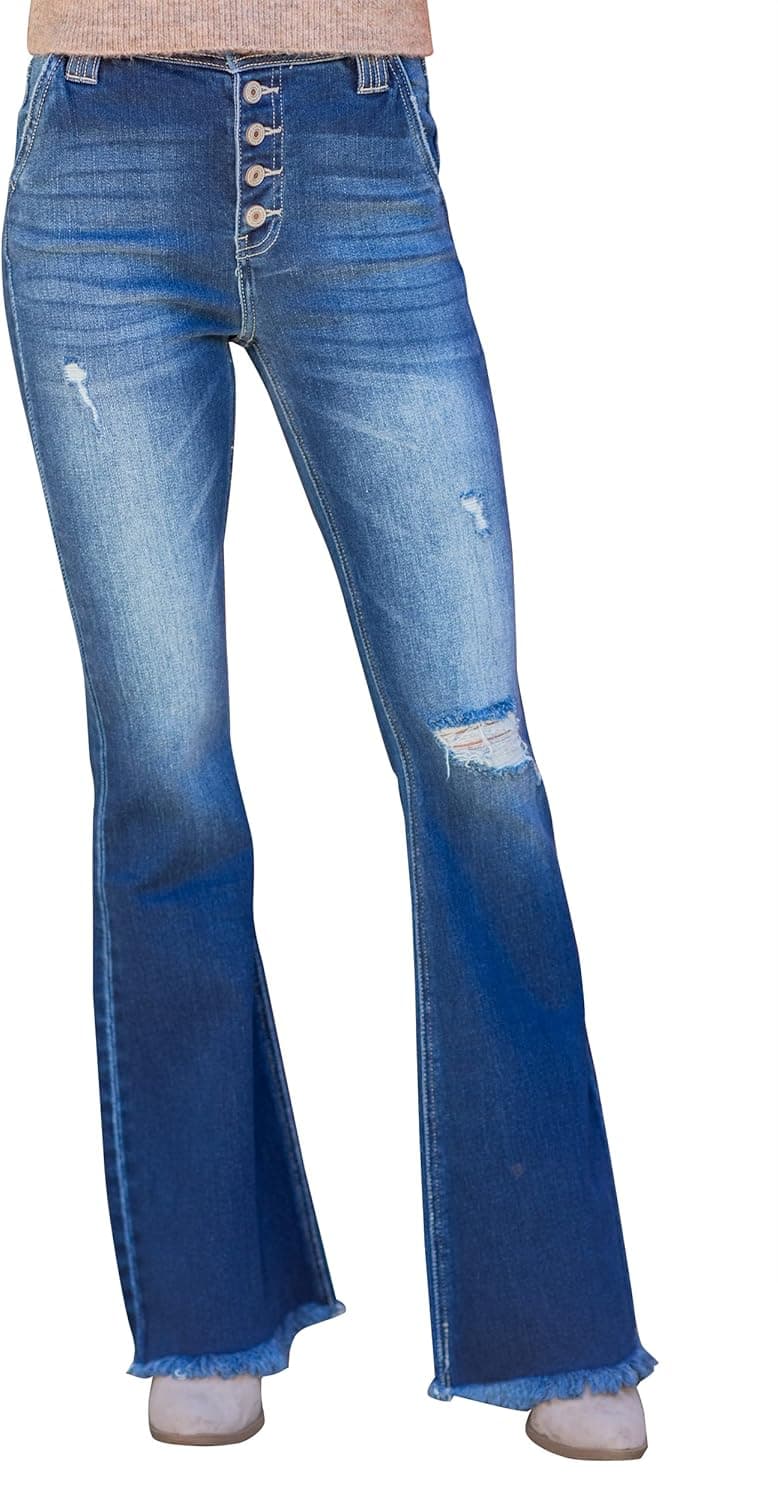 Imily Bela Womens High Waisted Ripped Jeans Flare Wide Leg Bell Bottom Pants with Fringe Hem
