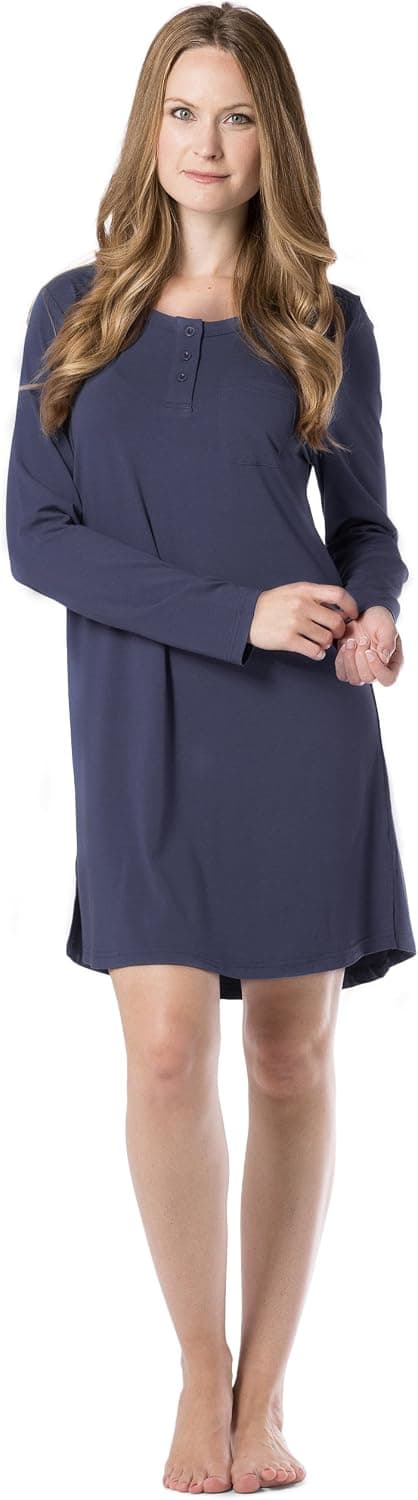 Fishers Finery Women's EcoFabric Henley Nightshirt | Long Sleeve | Above Knee | EcoFlannel EcoFleece Options
