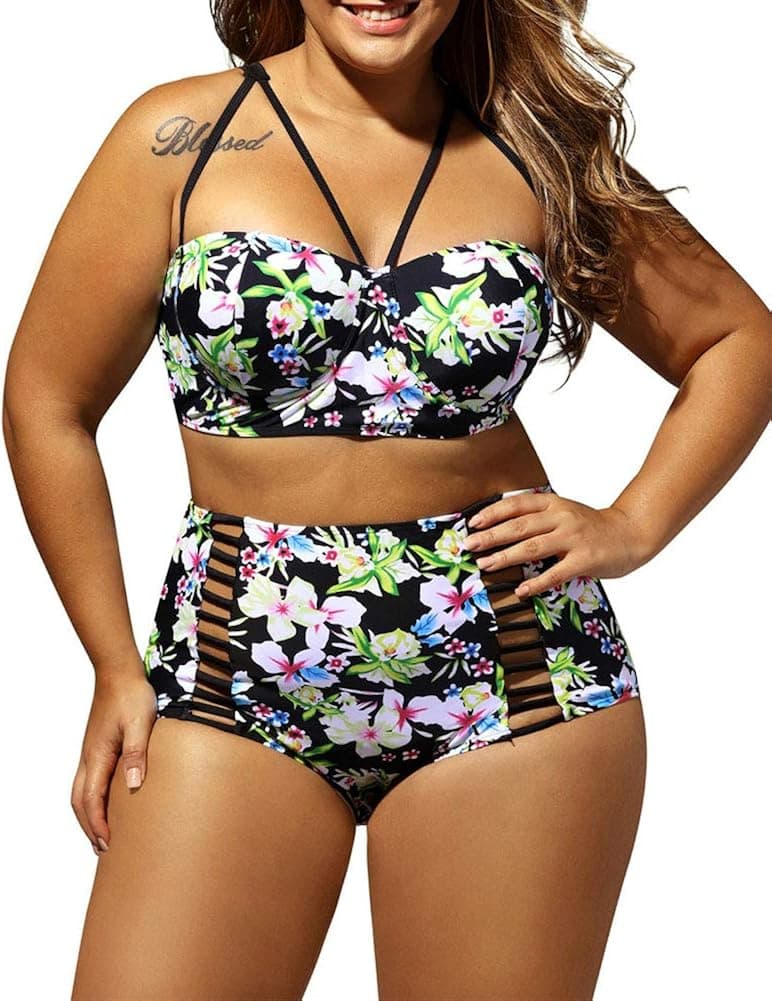 LALAGEN Women's Strappy Hollow Out Floral Swimwear Plus Size High Waist Bikini Sets Black XL