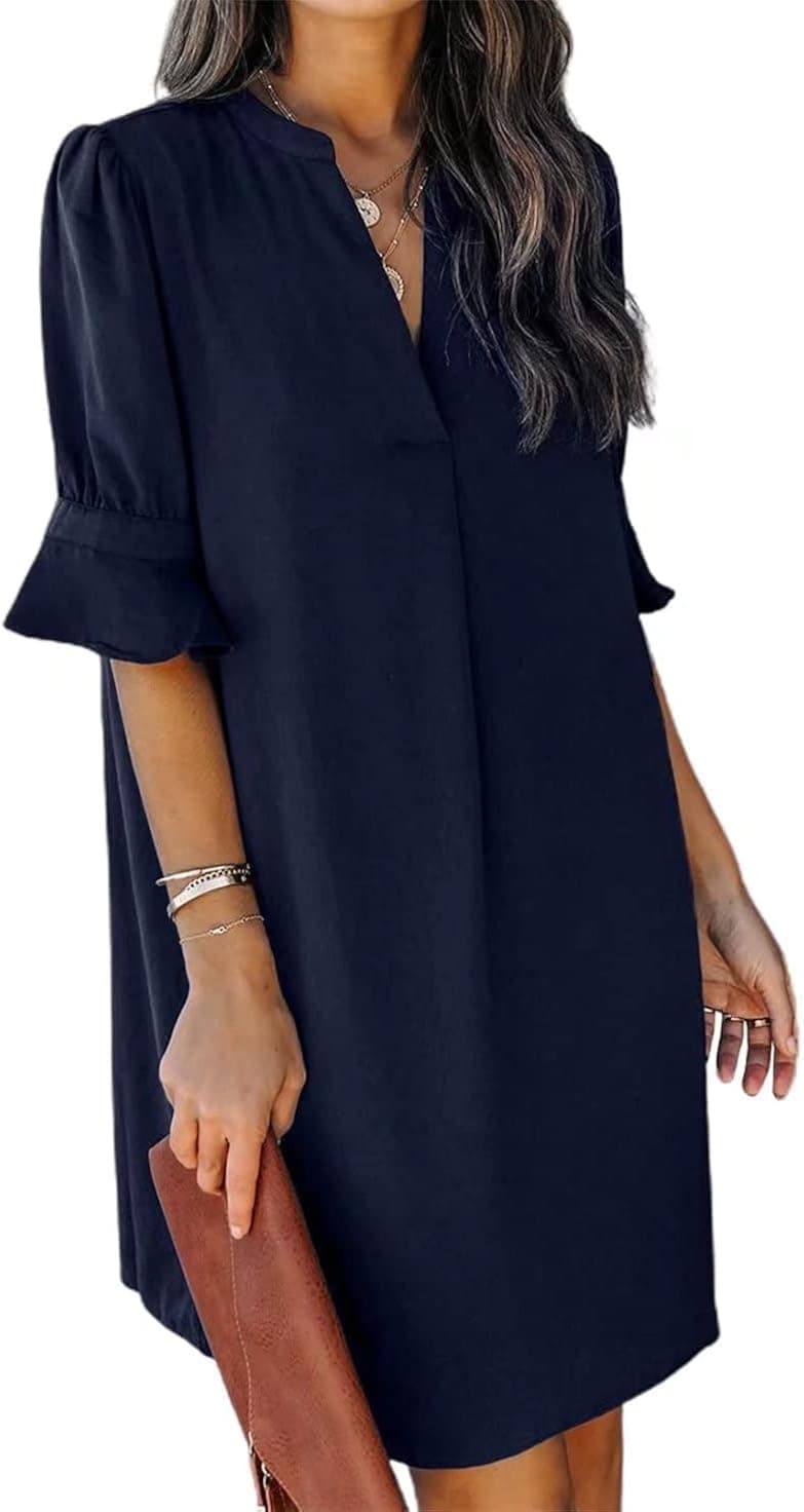 Wkior Shift Dress for Women V Neck Short Sleeves Solid Color Casual Summer Dresses(S-2XL)