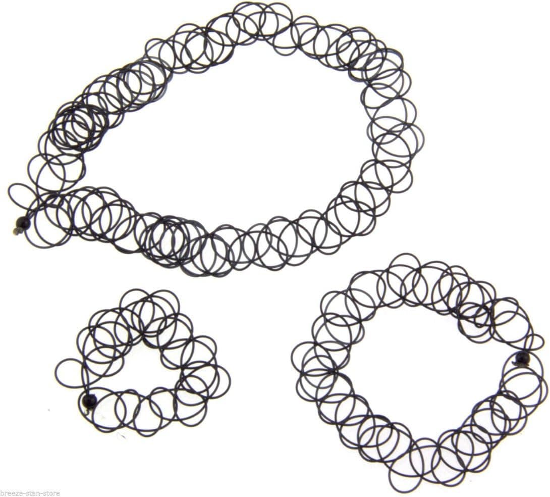 Complete Set Choker, Bracelet and Ring Vintage Stretch Retro Henna Elastic Tattoo (Black)