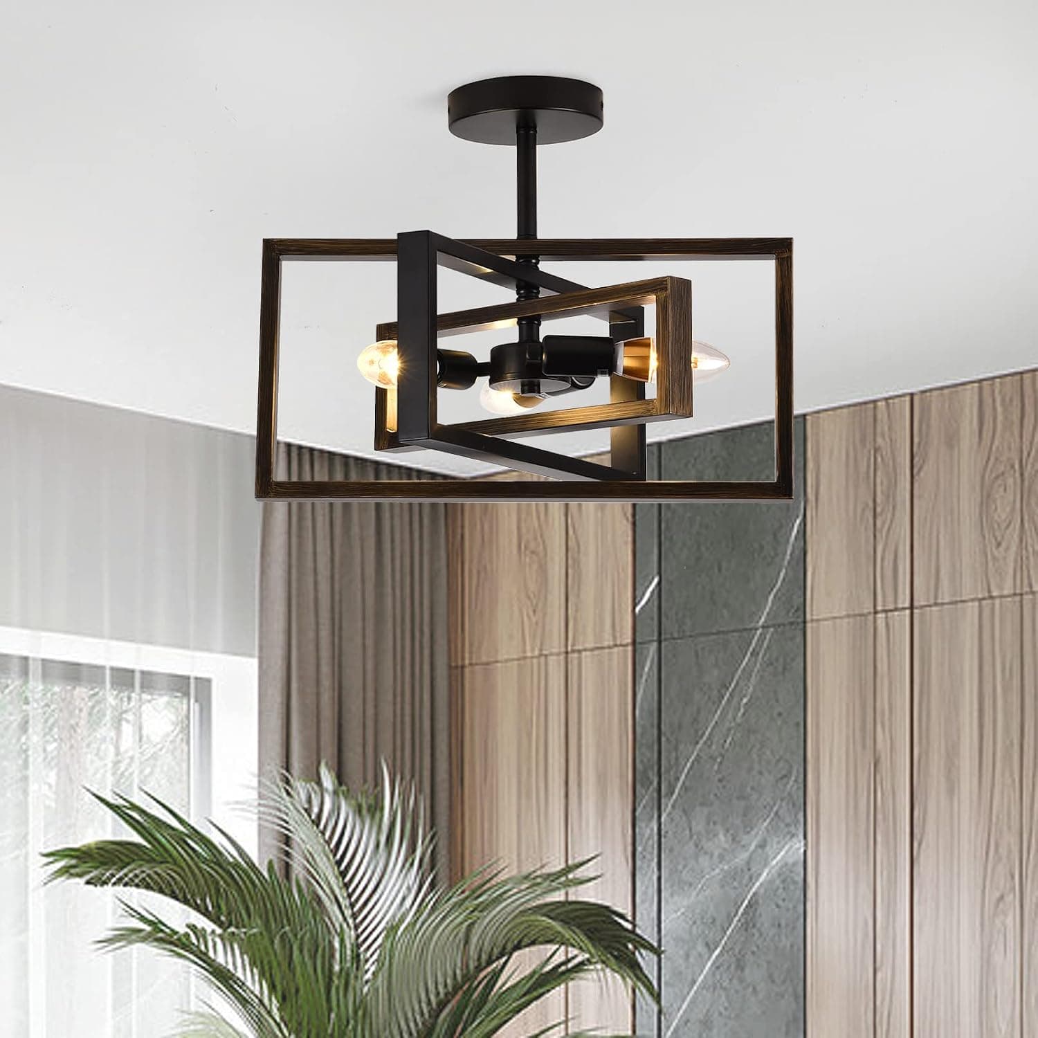 Semi Flush Mount Ceiling Light Rectangle Rustic Chandelier 3-Light Farmhouse Pendant Light Fixture (Bronze), ZED-03