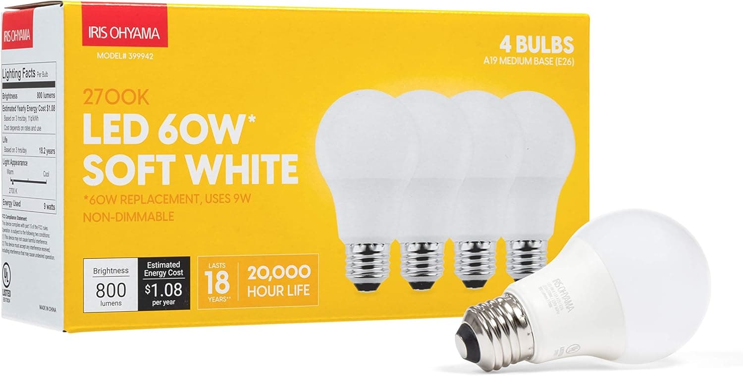 IRIS OHYAMA Non-Dimmable A19 LED Light Bulb with 20,000 Hours/18 Years Life Span, 2700K 9W/60W Equivalent, Soft White, 4 Pack