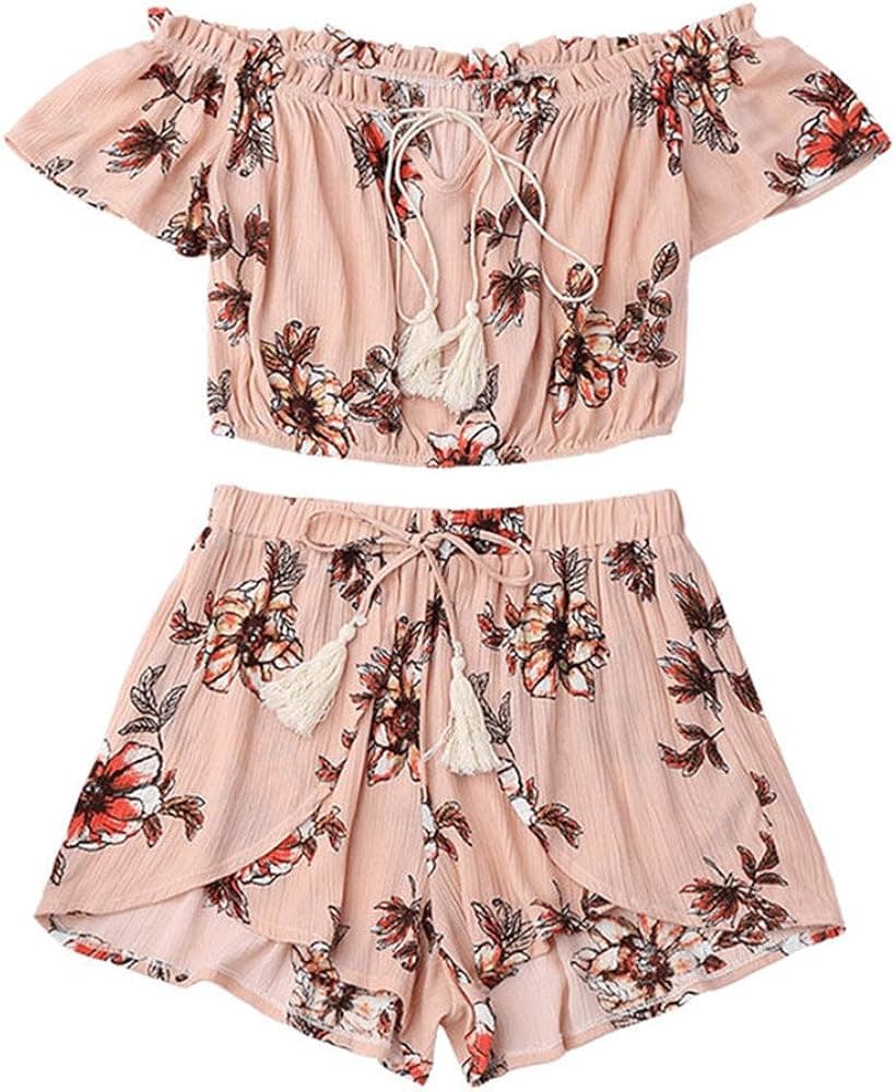 Women Rompers Chiffon Floral Print Crop Tops Shorts Two Piece Outfits Beach Jumpsuit for Teen Girls