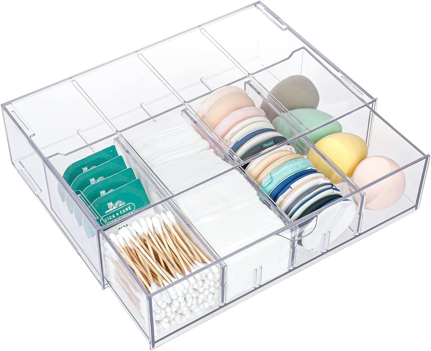 Yesesion Clear Makeup Sponge Organizer for Bathroom and Vanity, Plastic Cosmetic Display Case, Large Storage Drawer with Removable Dividers for Cotton Pads, Beauty Tools, Hair Accessories Holder