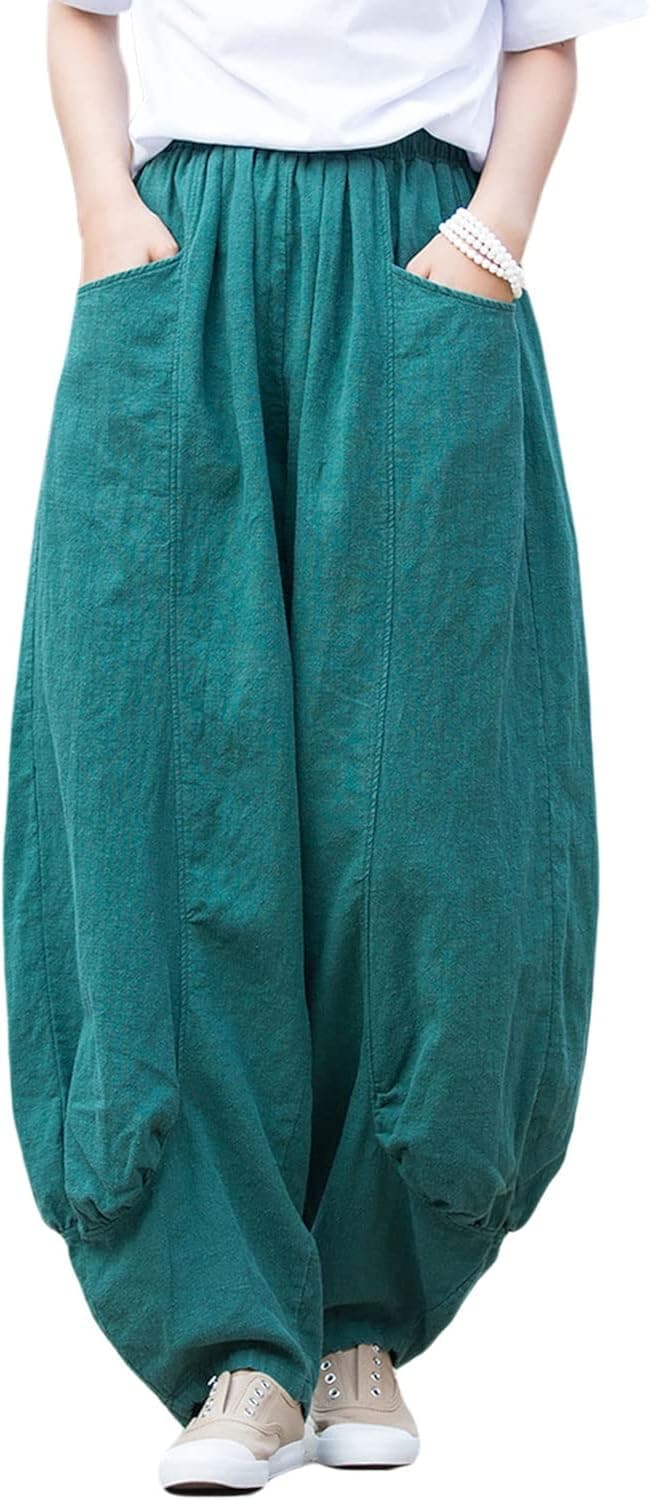 IXIMO Women's Linen Pants Elastic Waist Patchwork Relax Ankle Trousers Front Pockets Army Green S