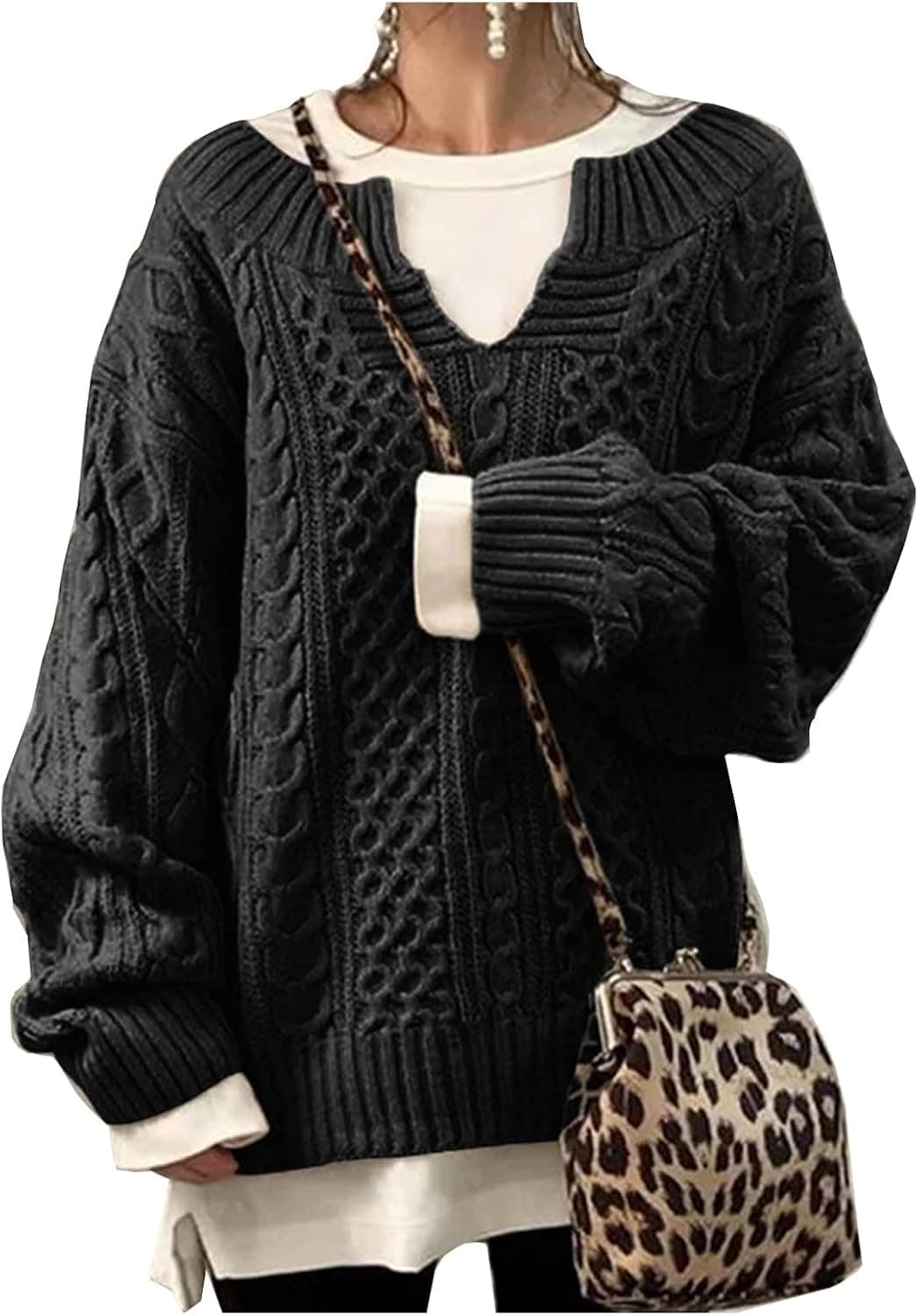 SPSHODOW Women's Oversized V Neck Sweater Long Sleeve Jumper Knitted Top Pullover Sweaters