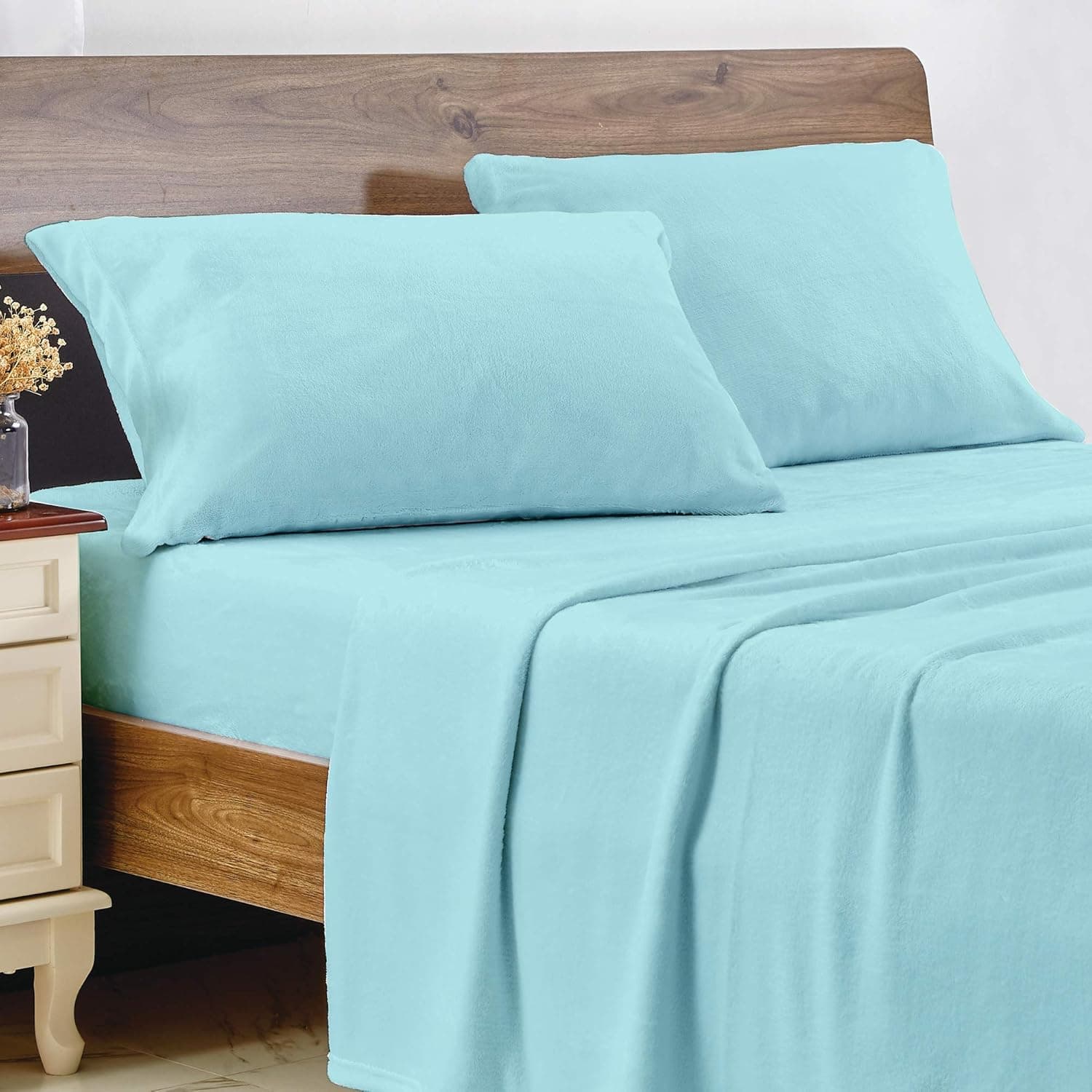 softan Flannel Sheets Twin 3-Piece Plush Fleece Sheet Bed Sets with 16" Deep Pocket Fitted Sheet, Flat Sheet and Pillowcase, Aqua
