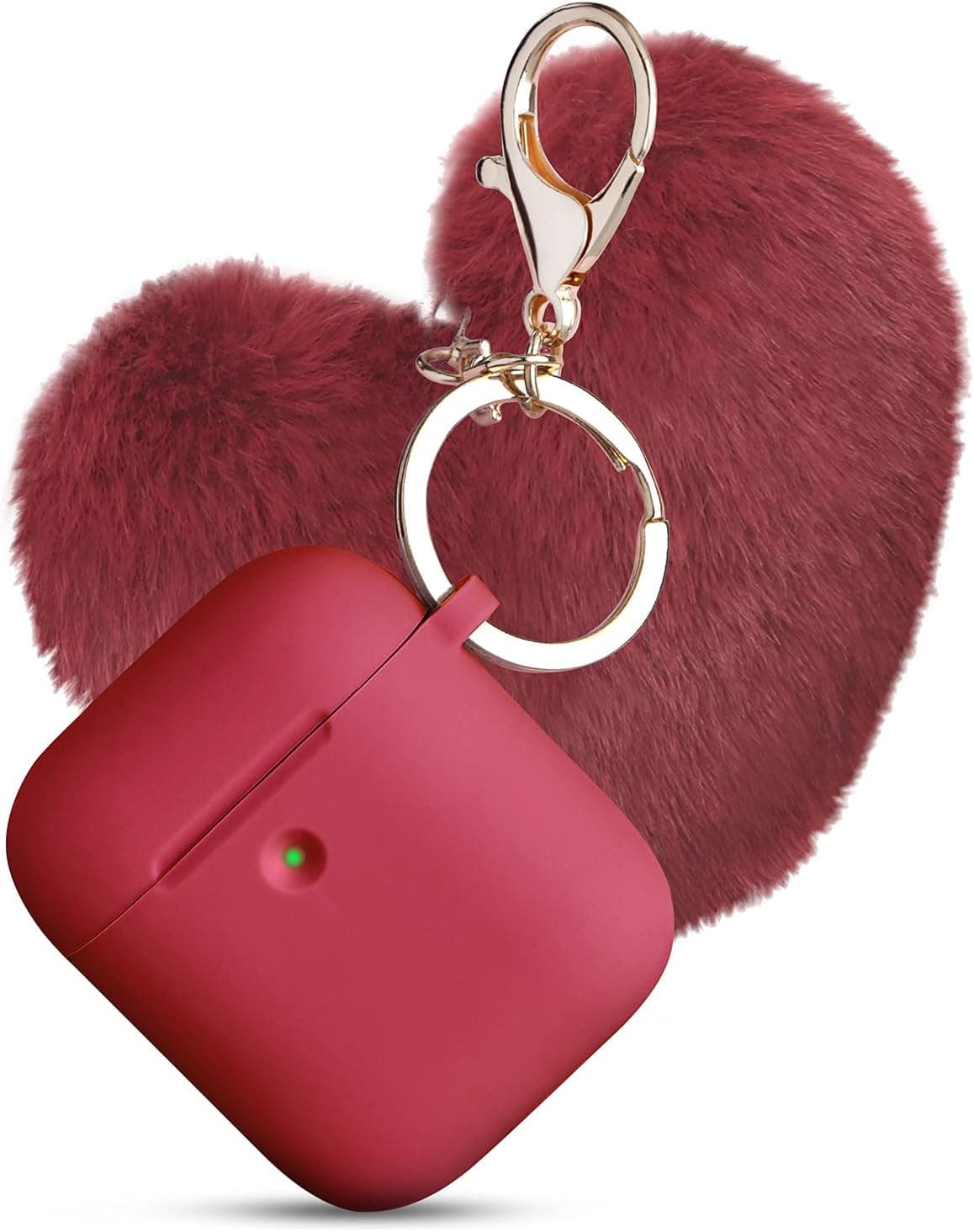 TILLCASE Airpods Case Cover, Airpods 1/2 Silicone Protective Case with Heart Shape Pom Pom Design [Supports Wireless Charging] [with Keychain] [Front LED Visible] (Red Case + Burgundy Pom Pom)