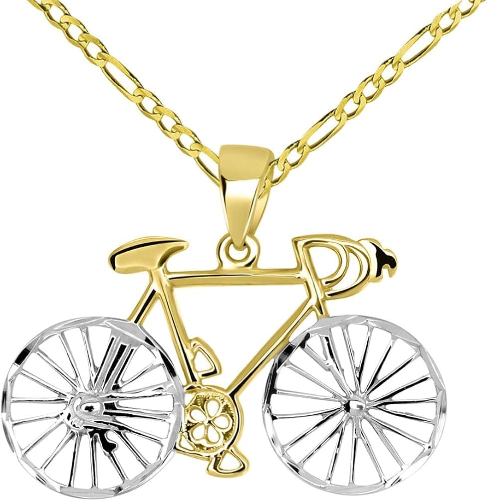 14k Yellow Gold Two-Tone Bicycle Bike with Textured Wheels Pendant Figaro Chain Necklace