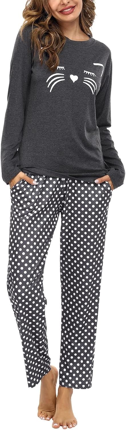 hpoaf Women's Pajamas Set Cotton Long Sleeve Sleepwears Cat Pjs Set Soft Nightwear Loungewear with Pockets