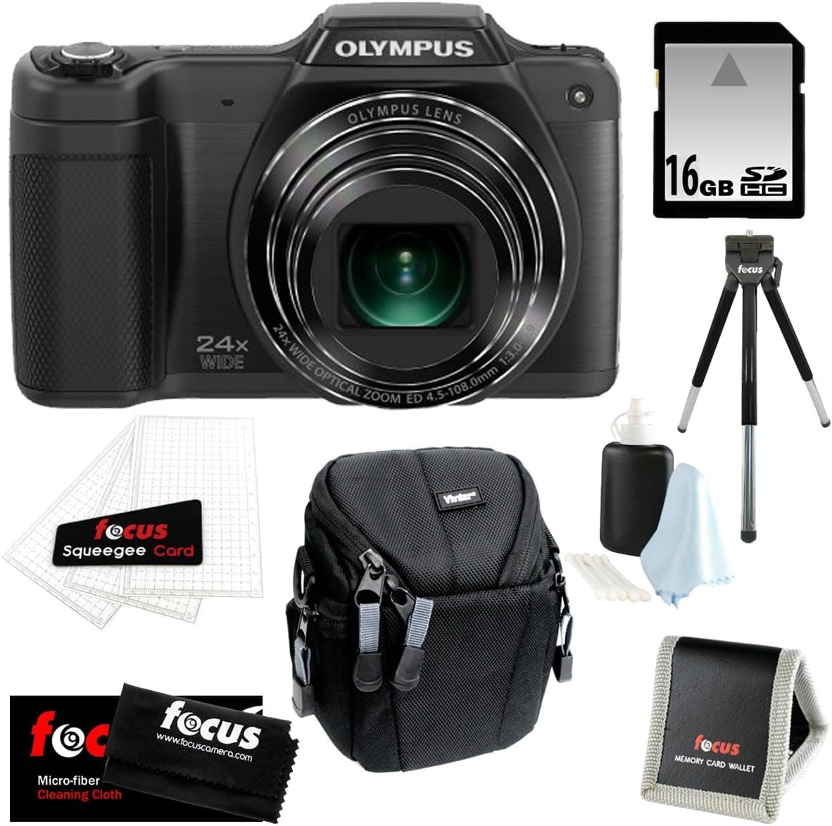 Olympus Stylus SZ-15 16MP Digital Camera with 24x Optical Zoom + 16GB Memory Card + Kit Bundle