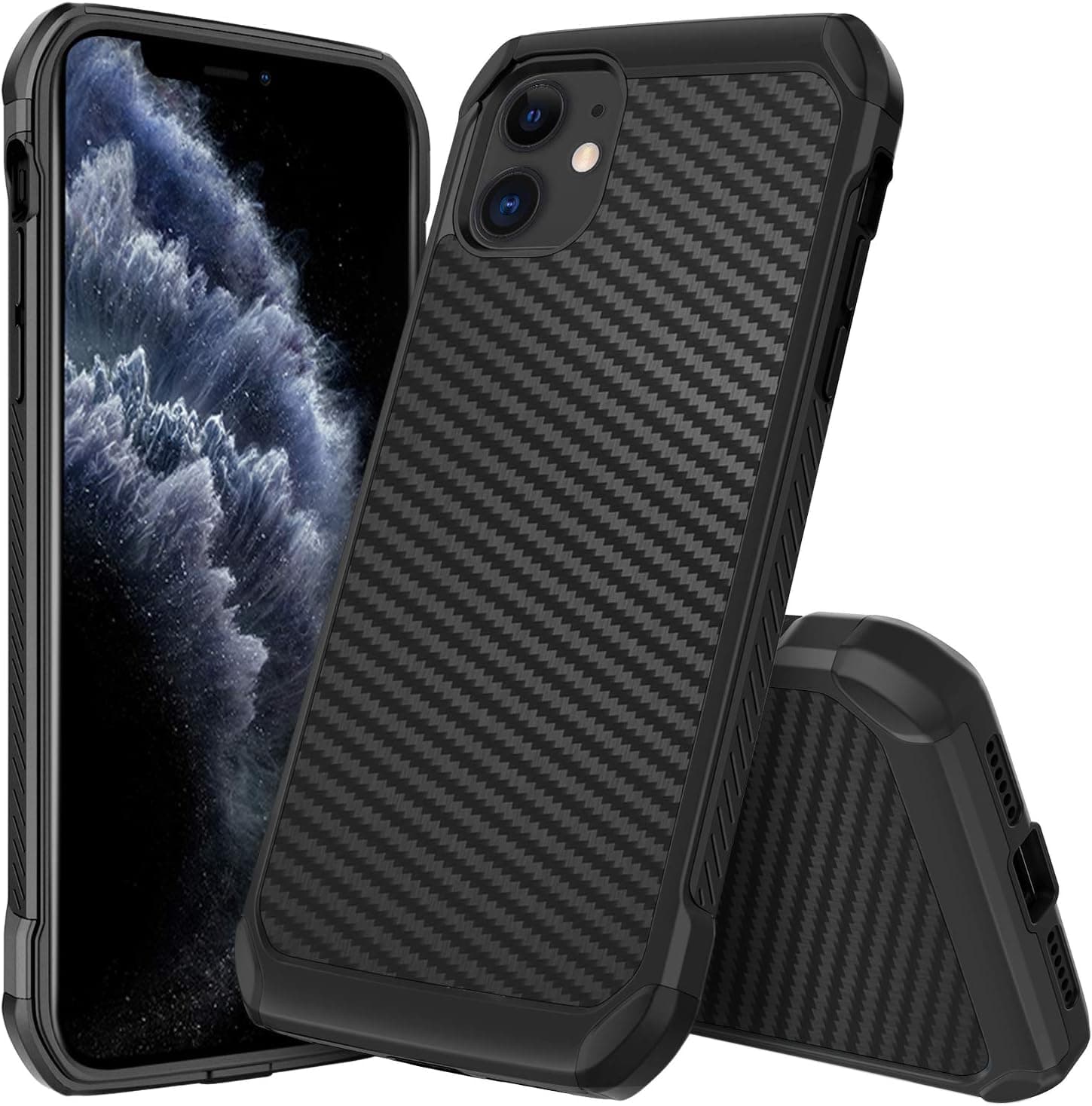 DUEDUE iPhone 11 Case, Carbon Fiber Dual Layer Slim Hybrid Shock Absorbing Cover Hard PC Bumper Rugged Back Case for iPhone 11 6.1"(2019), Black