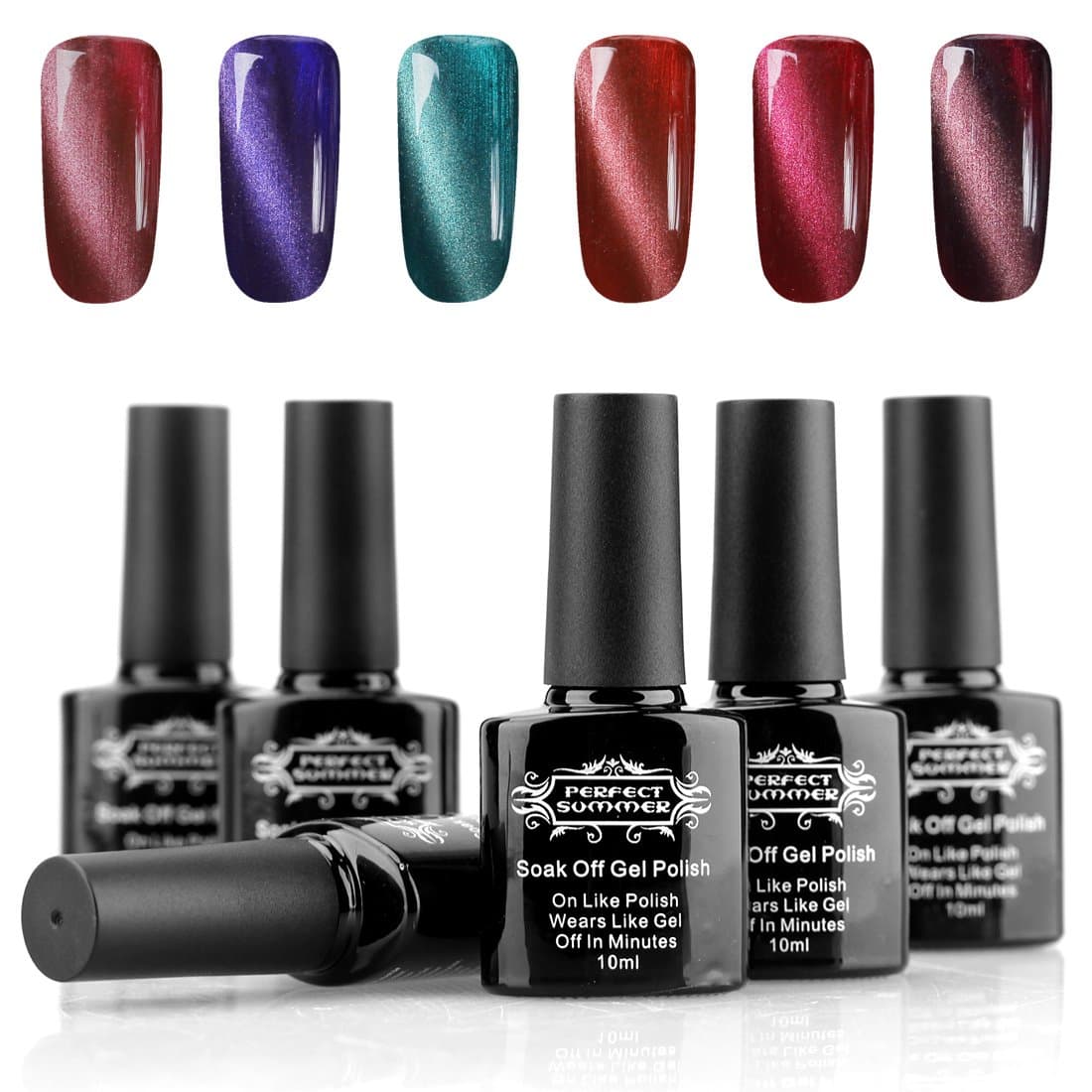 Perfect Summer Gel Nail Polish 3D Magnetic Charming Cat Eye Effect UV/LED Light Soak Off Nail Lacquers French Manicure Nail Art - Pack Of 6, 10ml Each (Set #04)