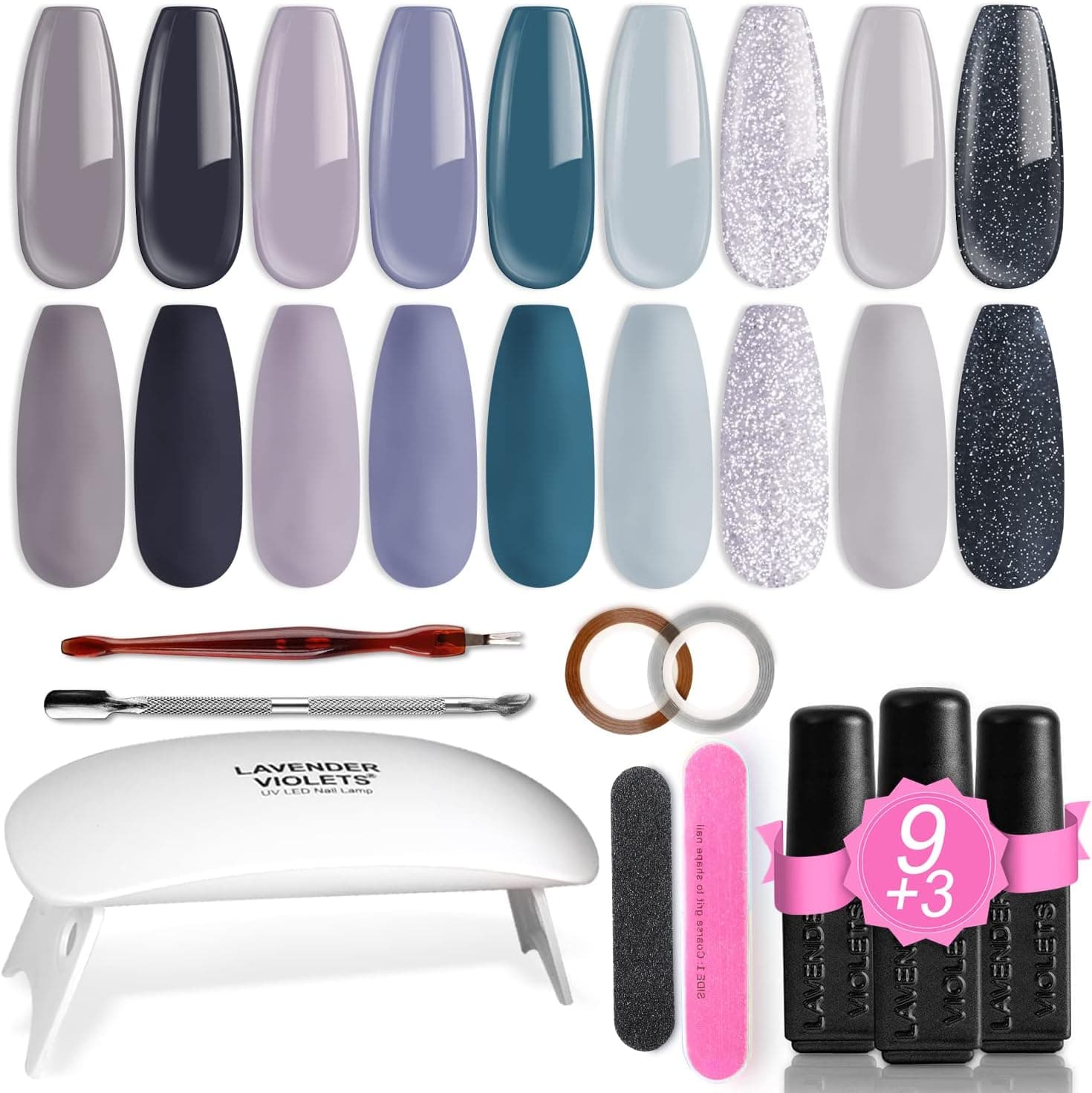 Lavender Violets 9 Winter Colors Gel Nail Polish Kit with UV Light Soak Off UV/LED with No Wipe Base Top Coat Integrated Tools Manicure Gift Set for Starter R965B