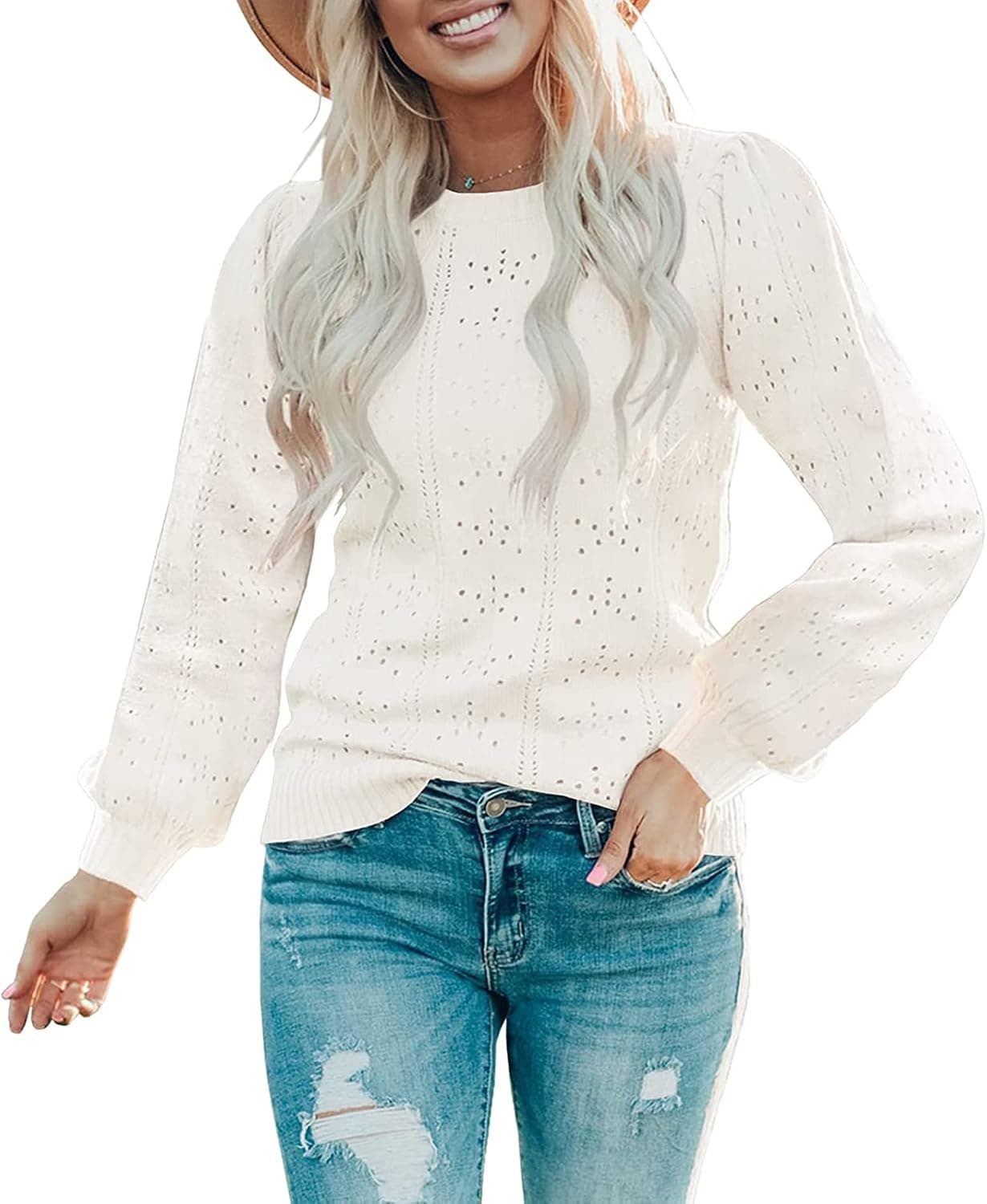 Womens Puff Long Sleeve Crew Neck Lightweight Dot Hollow Out Knit Fall Pullover Sweater Blouse